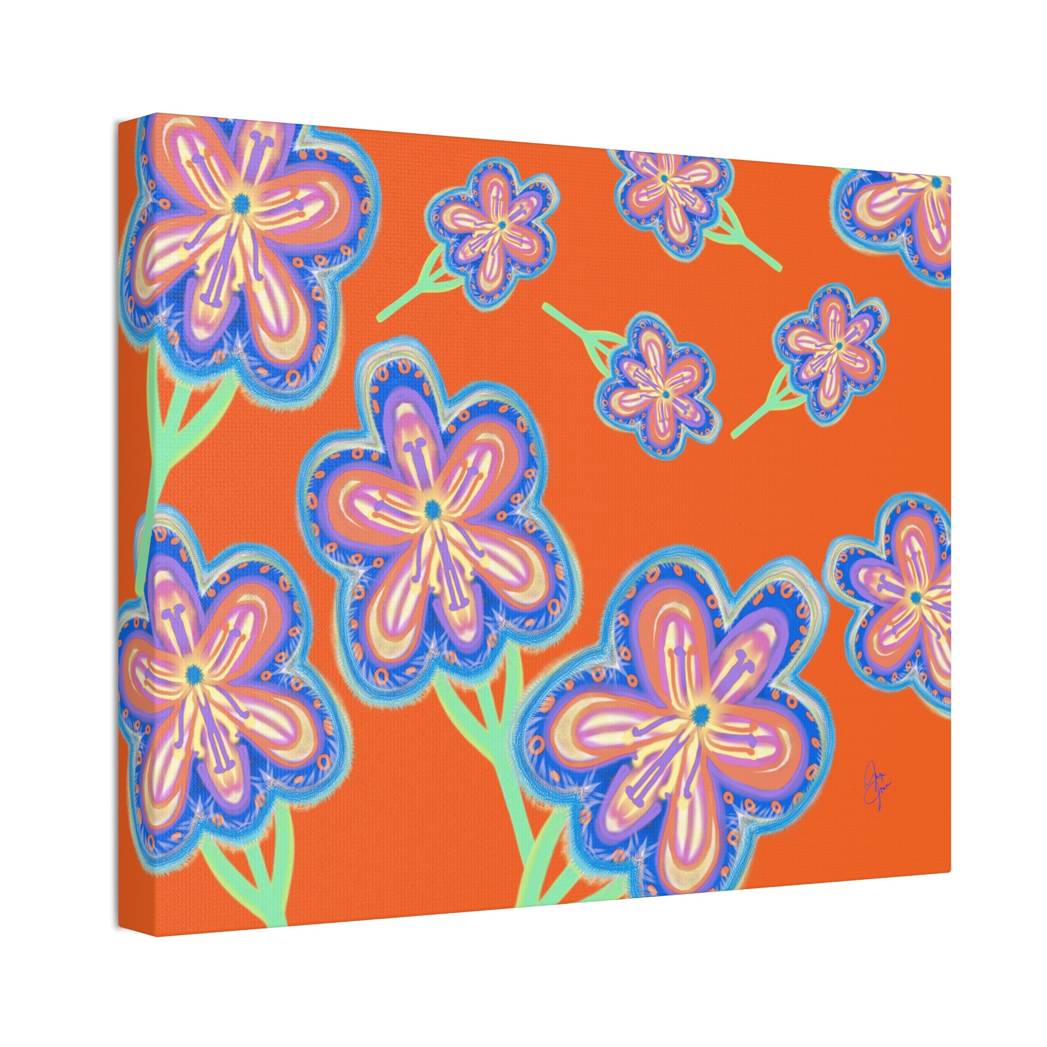 Floral Pop Canvas — Bright Blue Hand-Drawn Flowers Stretched Canvas