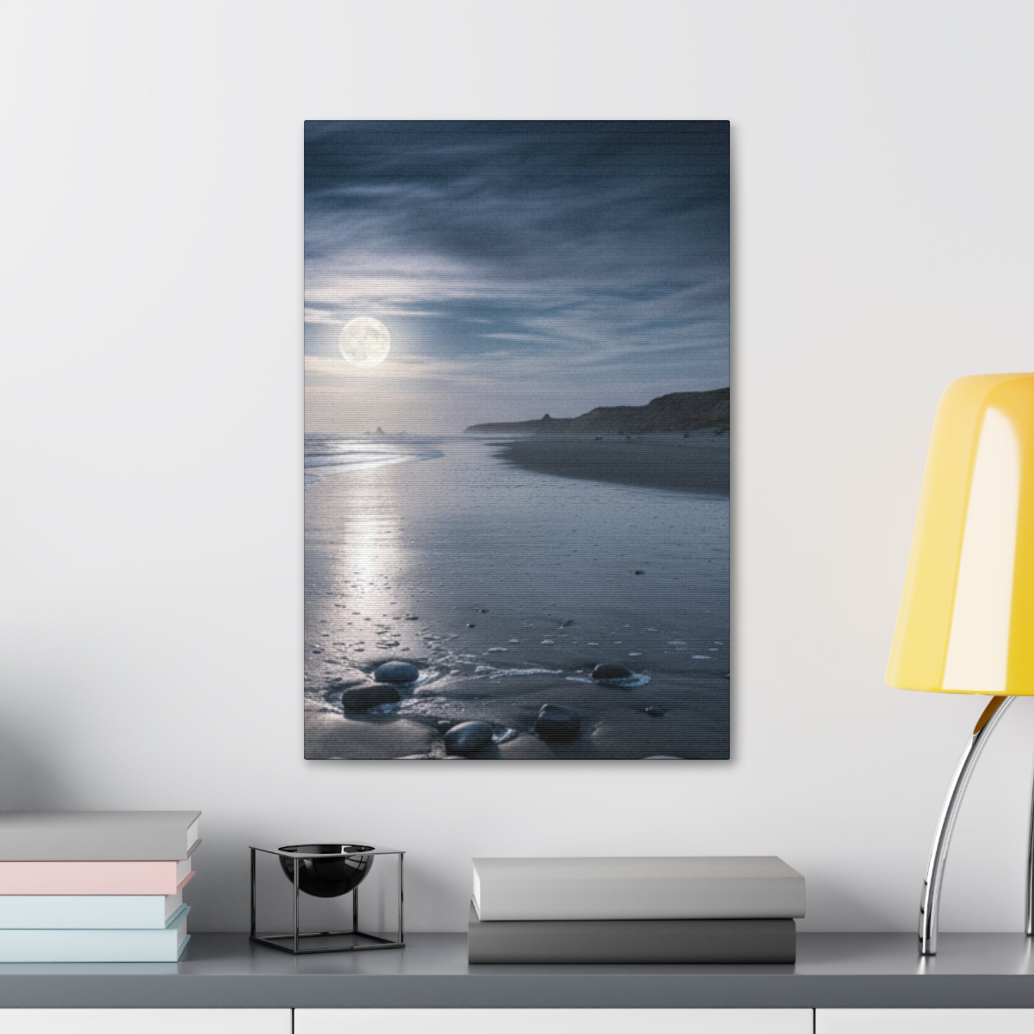 Moonlit Beach Canvas Wall Art — Tranquil Ocean Nightscape