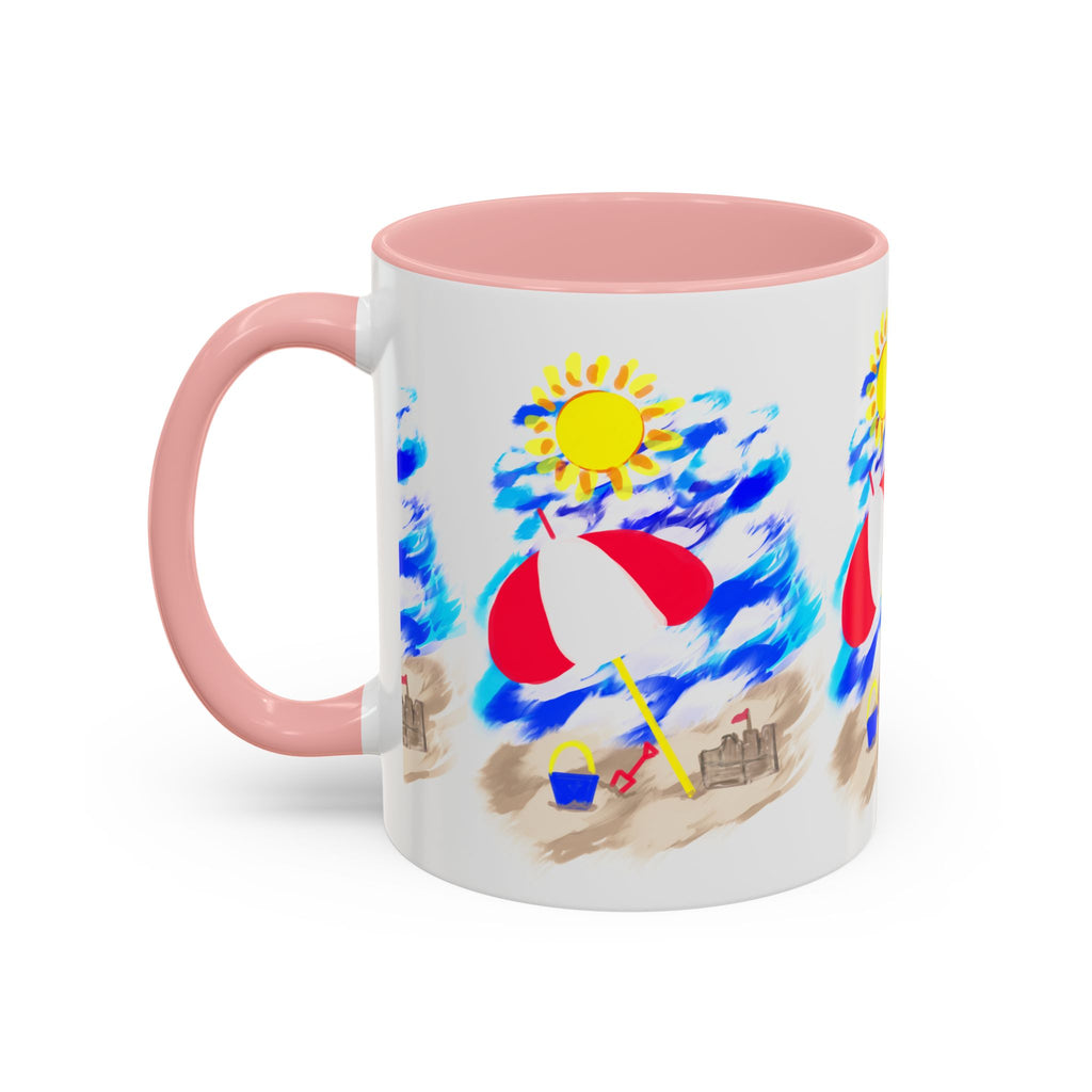 Beach Scene Coffee Mug – Summer Umbrella, Sun & Sandcastle Accent Mug