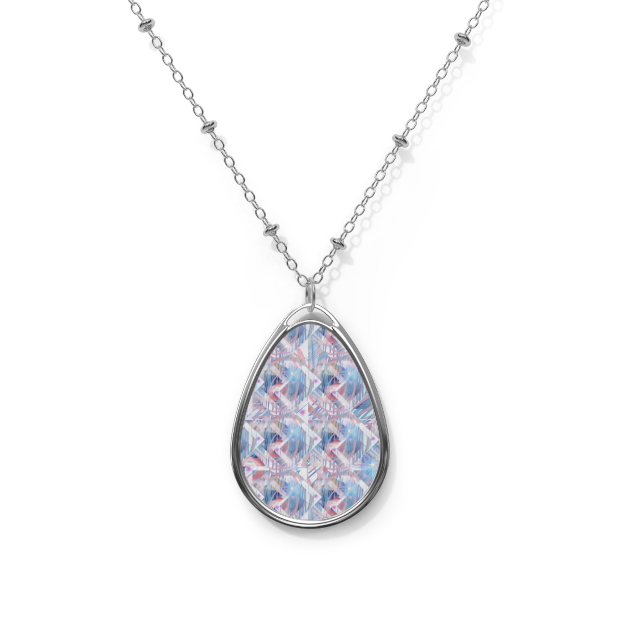 Silver Teardrop Necklace with Pastel Mosaic Pendant — Oval Necklace