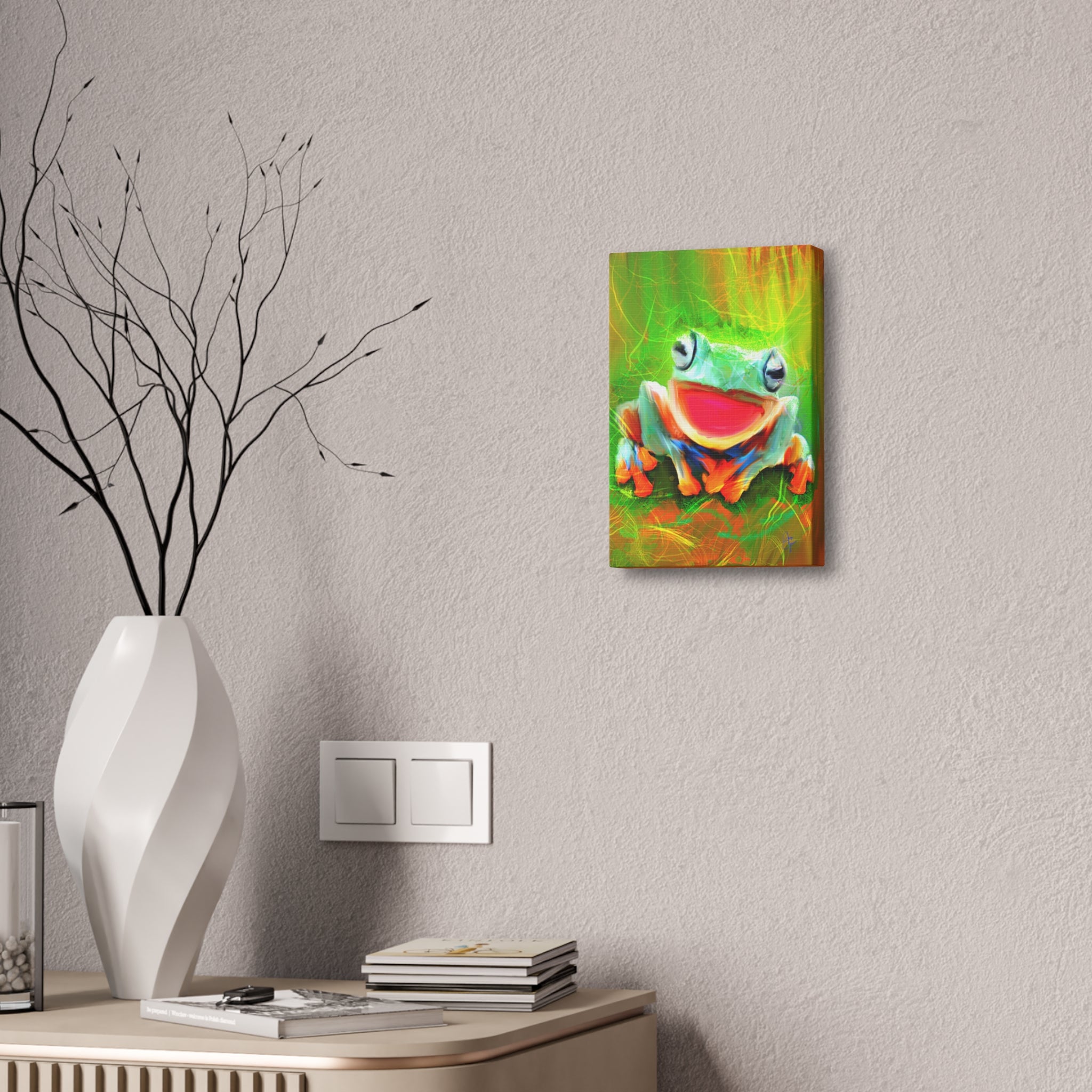 Vibrant Smiling Frog Canvas Print — Colorful Tropical Wall Art