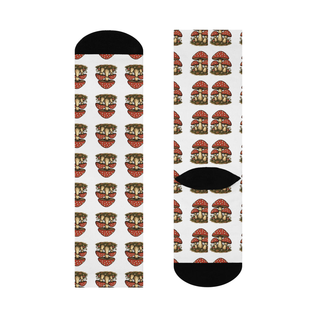 Mushroom Pattern Cushioned Crew Socks — Funky Red Toadstool Knee-High Socks