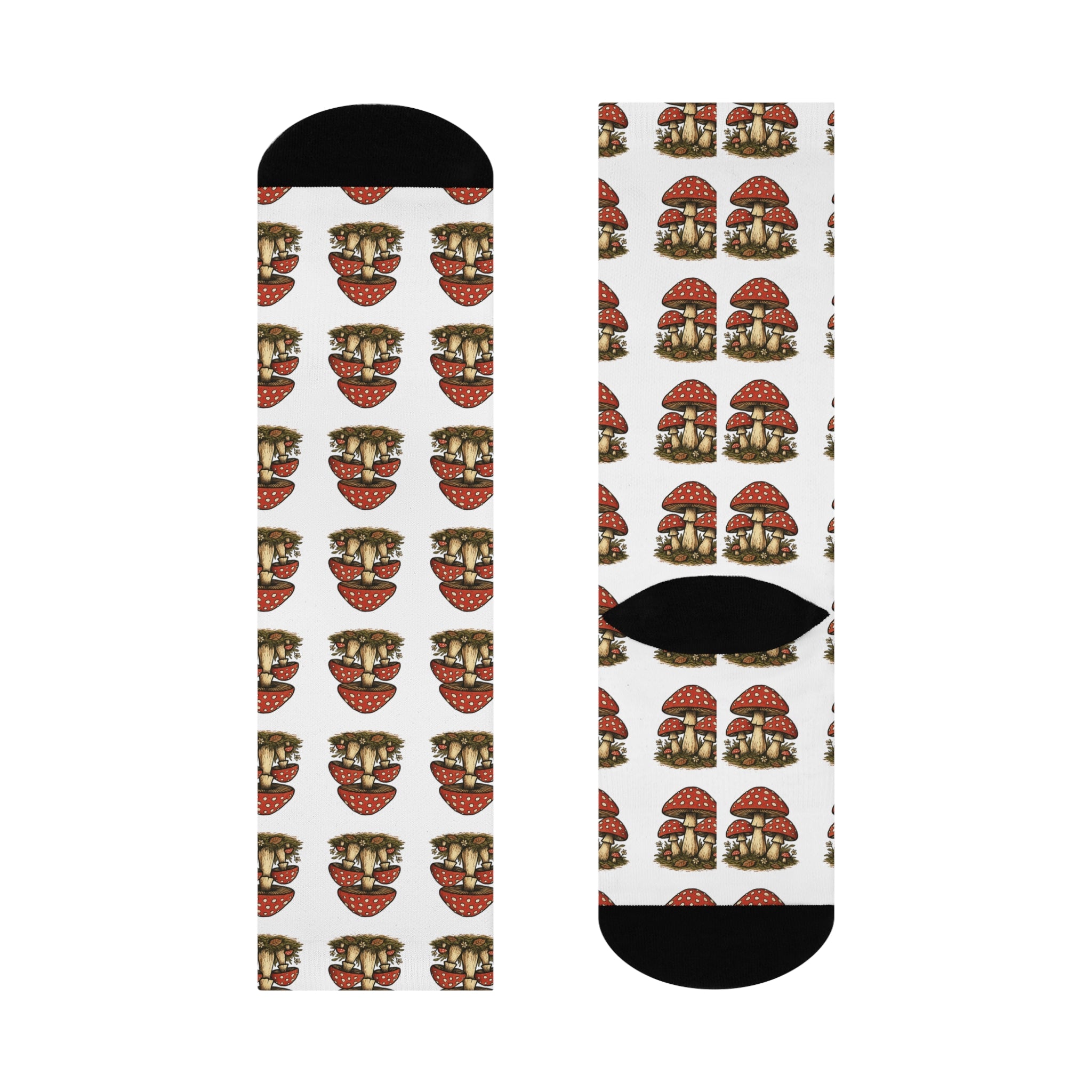 Mushroom Pattern Cushioned Crew Socks — Funky Red Toadstool Knee-High Socks