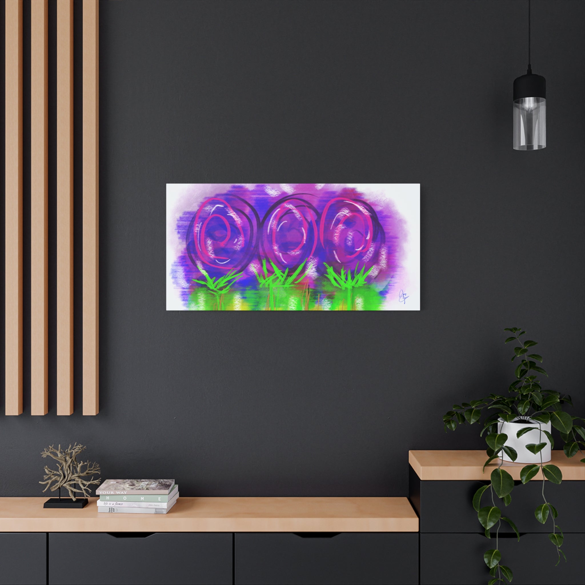 Abstract Purple Flowers Matte Canvas Wall Art — Vibrant Floral Painting on Stretched Canvas