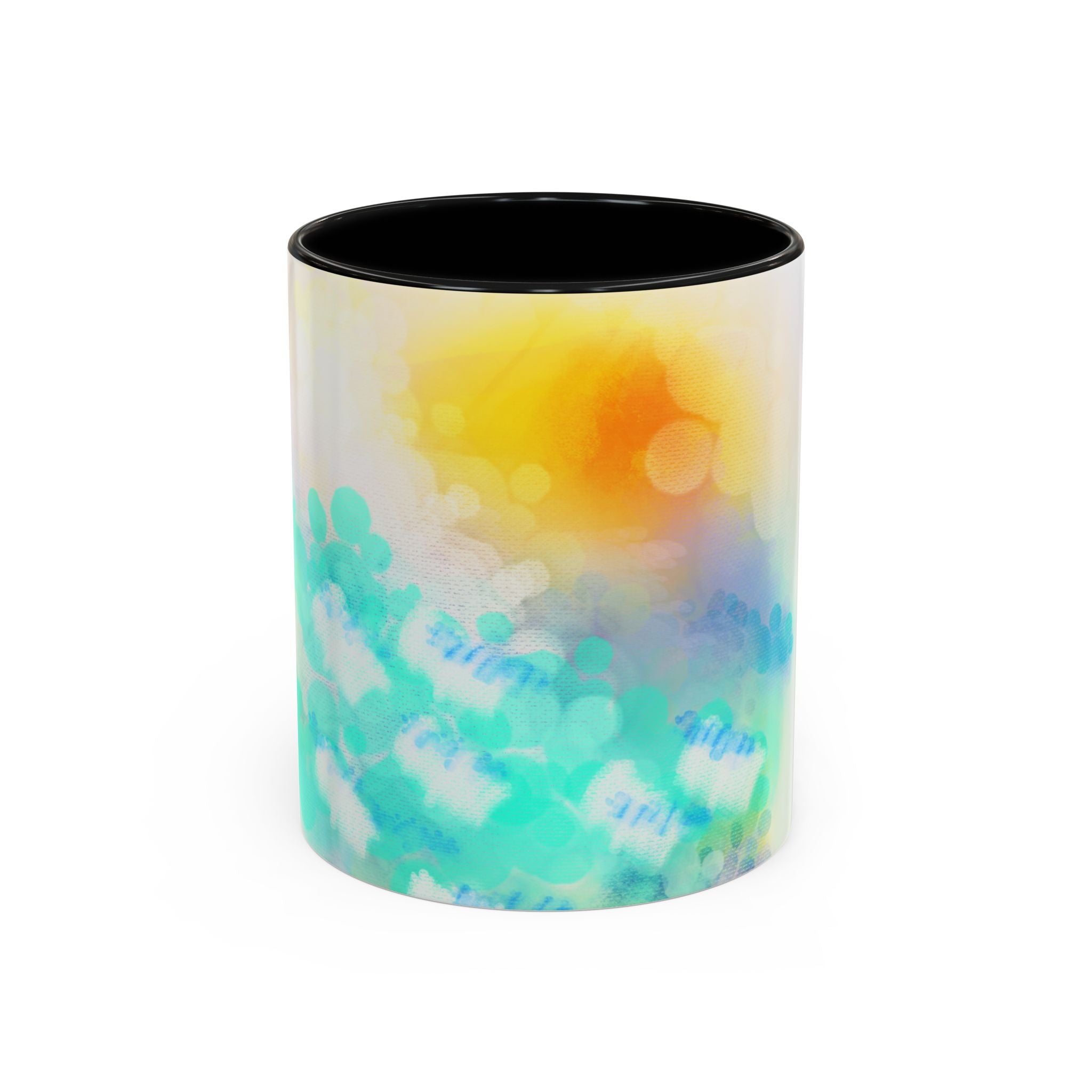 Sunrise Watercolor Accent Coffee Mug — Bright Abstract Teal & Yellow Ceramic