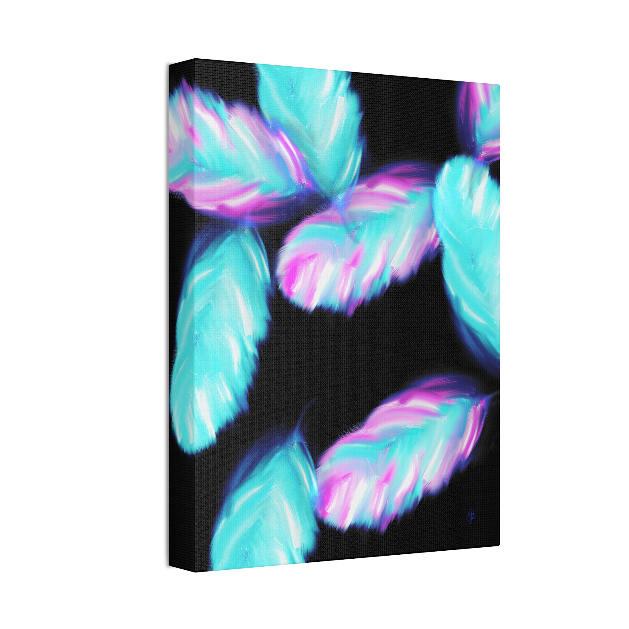 Abstract Neon Feathers Canvas Print — Turquoise & Pink Stretched Wall Art