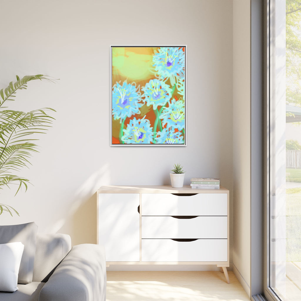Framed Floral Canvas Art — Blue & Yellow Abstract Bouquet (Matte)