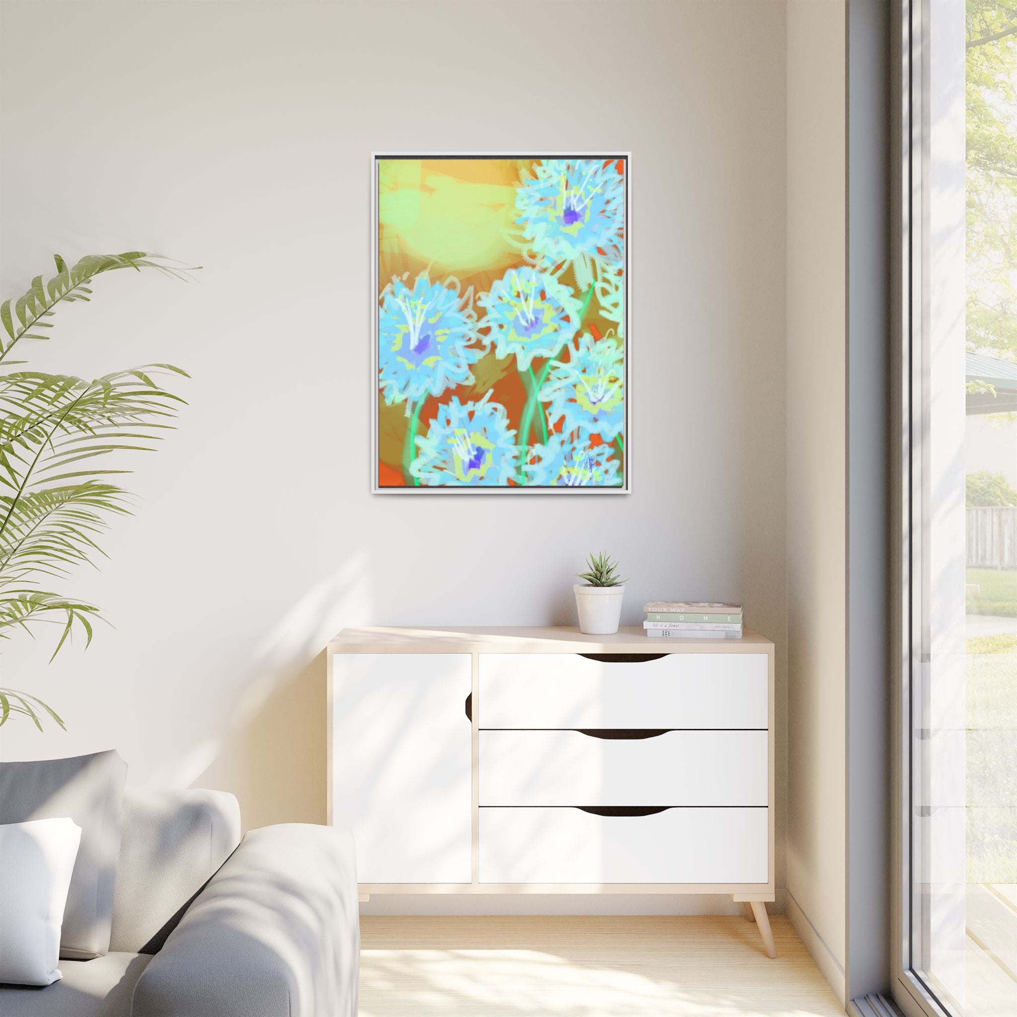 Framed Floral Canvas Art — Blue & Yellow Abstract Bouquet (Matte)