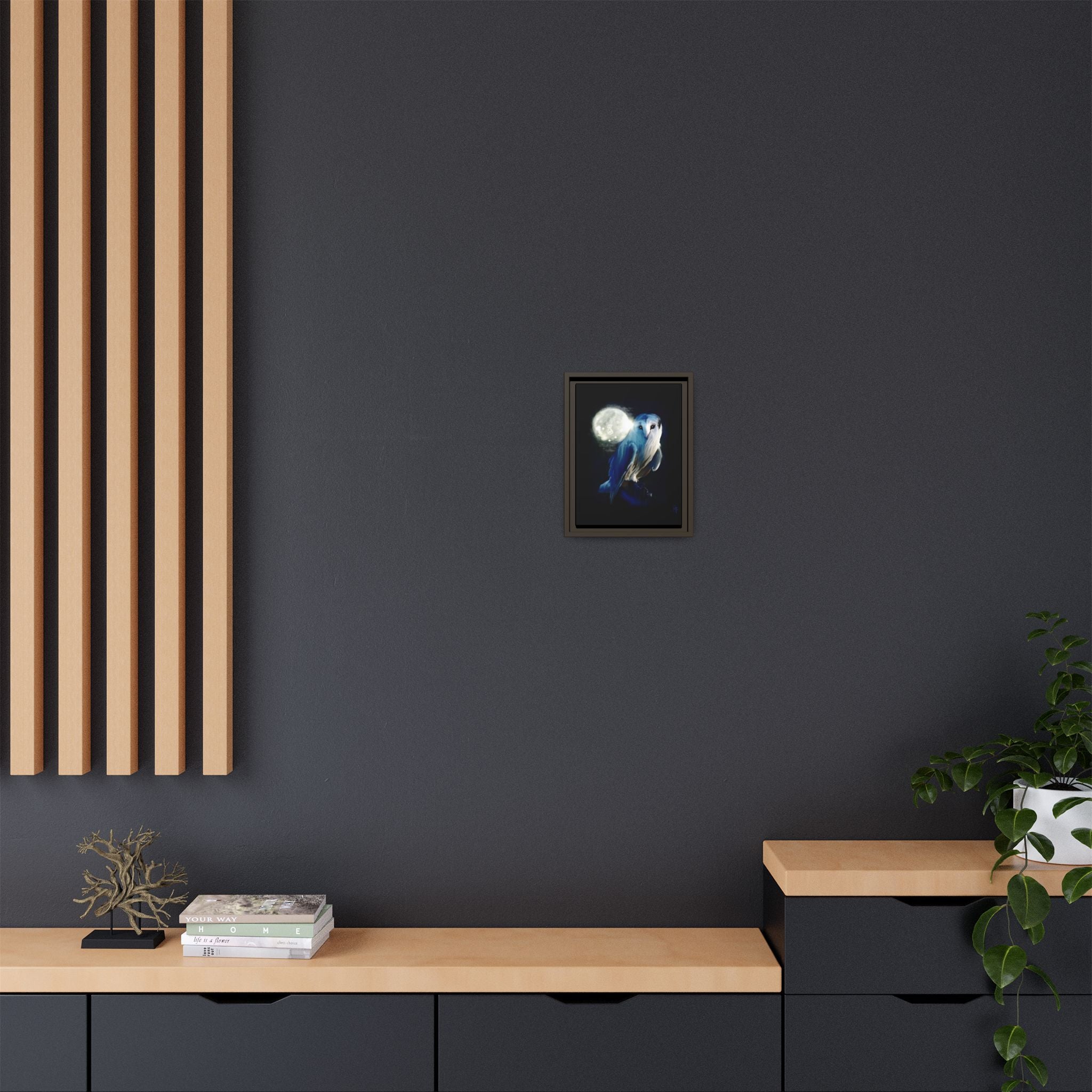 Moonlight Owl Matte Framed Canvas — Mystical Blue Owl Wall Art