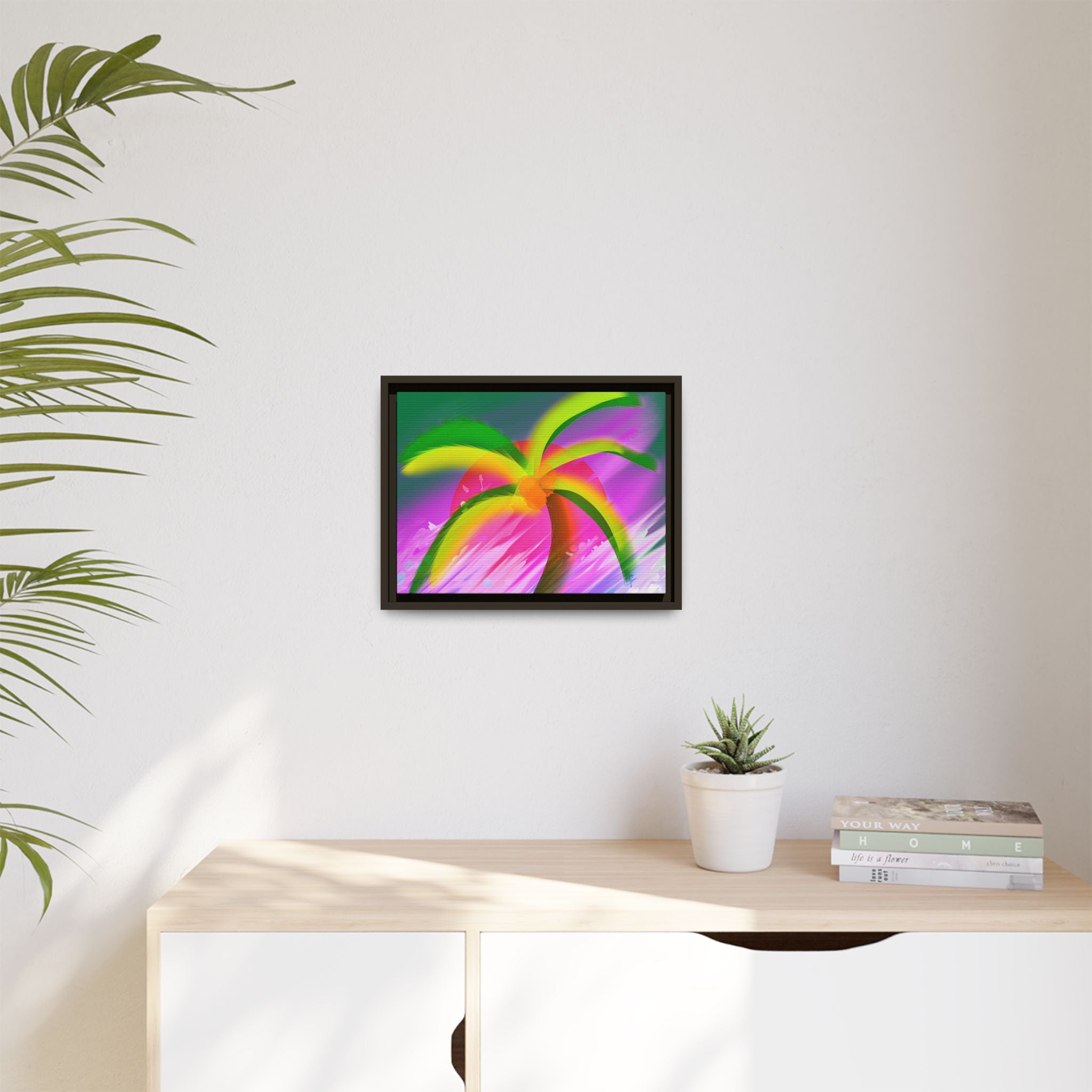 Framed Matte Canvas Print — Neon Palm Beach Art