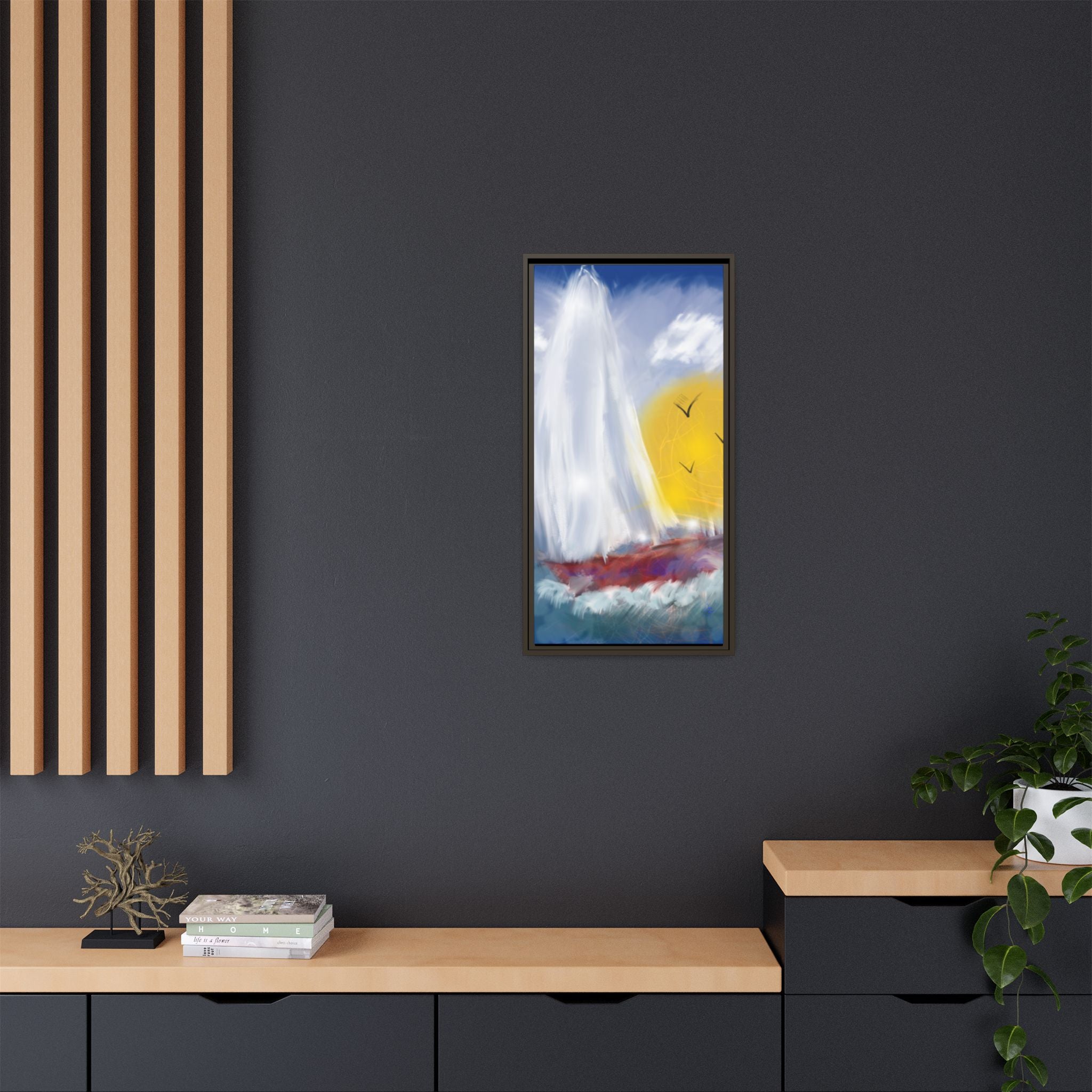 Sailboat Sunset Matte Framed Canvas Print — Coastal Seascape Wall Art