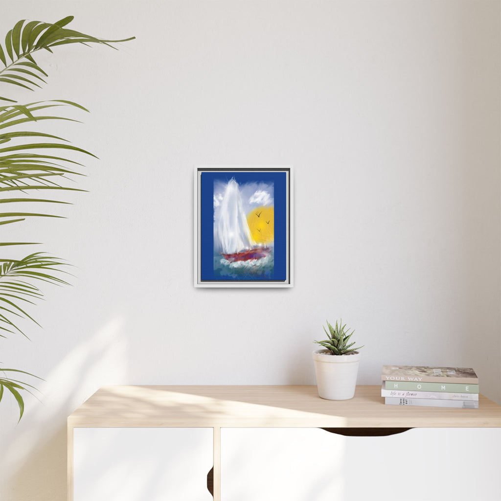Sailboat Sunset Matte Framed Canvas Print — Coastal Seascape Wall Art