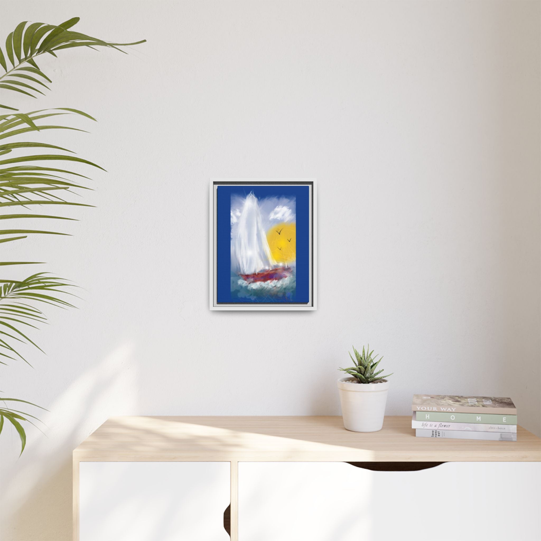 Sailboat Sunset Matte Framed Canvas Print — Coastal Seascape Wall Art