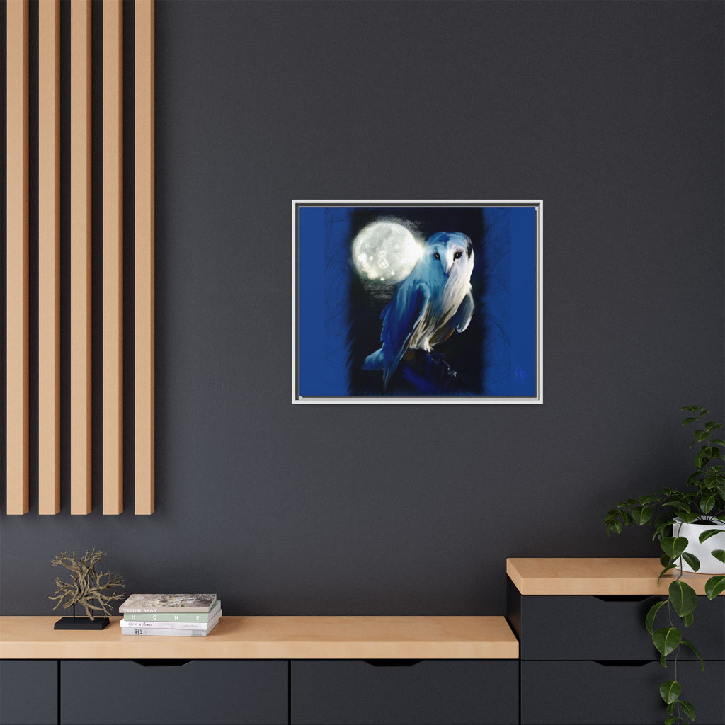 Moonlight Owl Matte Framed Canvas — Mystical Blue Owl Wall Art