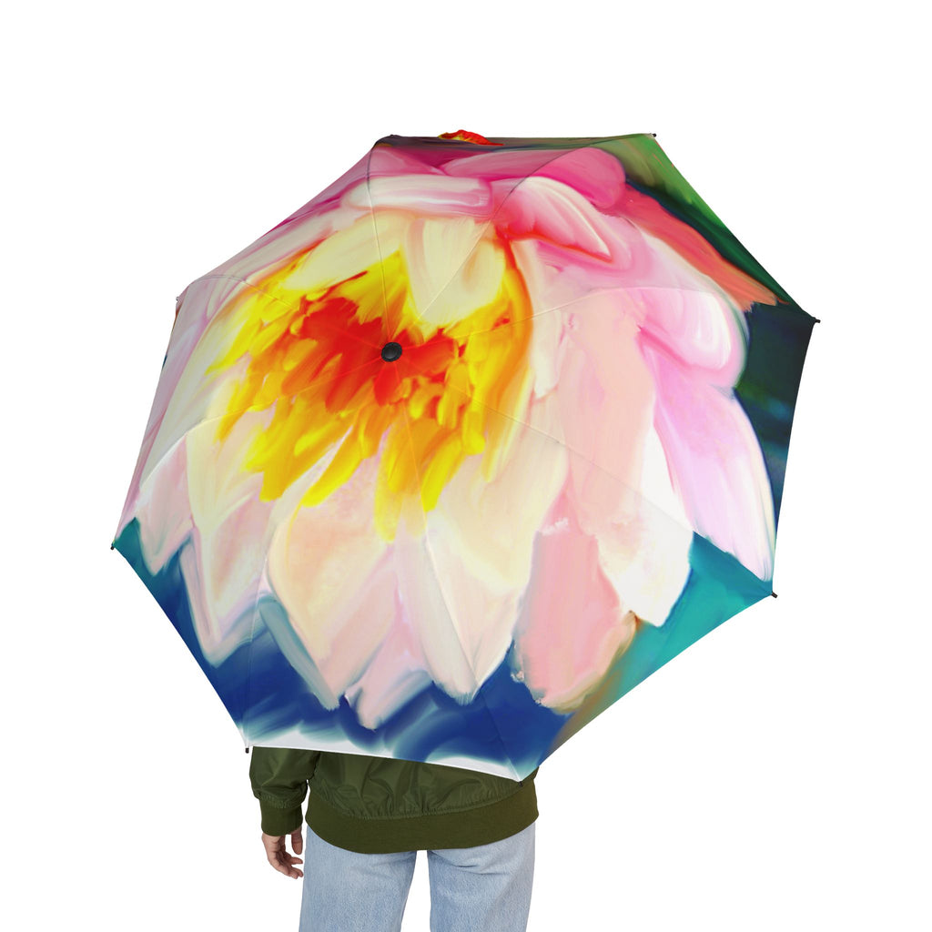 Floral Watercolor Foldable Umbrella — Pink Lotus Print, Compact Semi‑Automatic Rain Umbrella