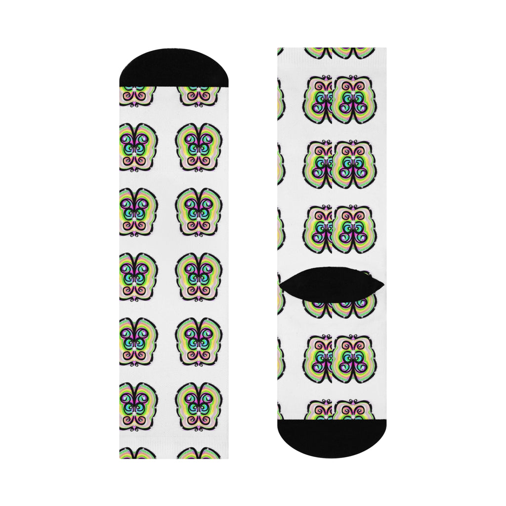 Butterfly Pattern Cushioned Crew Socks — Colorful Retro Floral Design