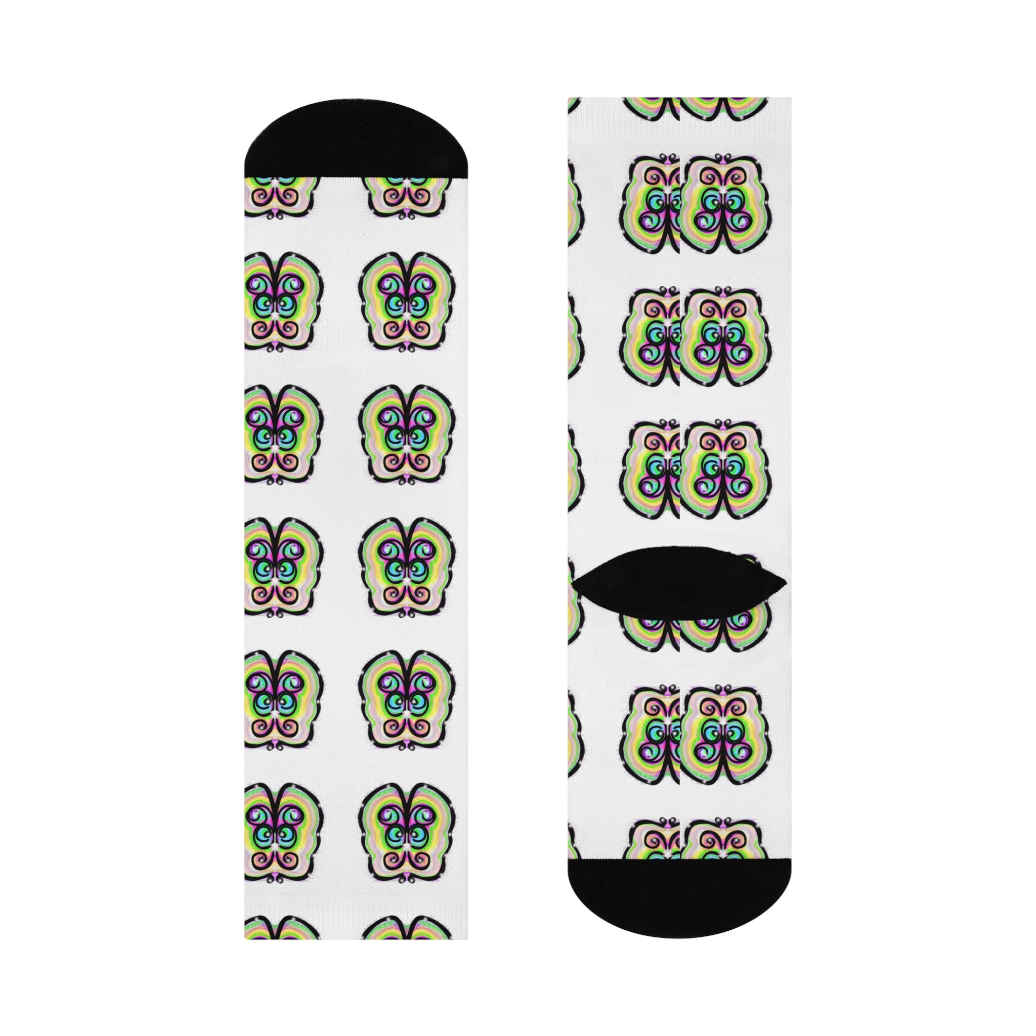 Butterfly Pattern Cushioned Crew Socks — Colorful Retro Floral Design