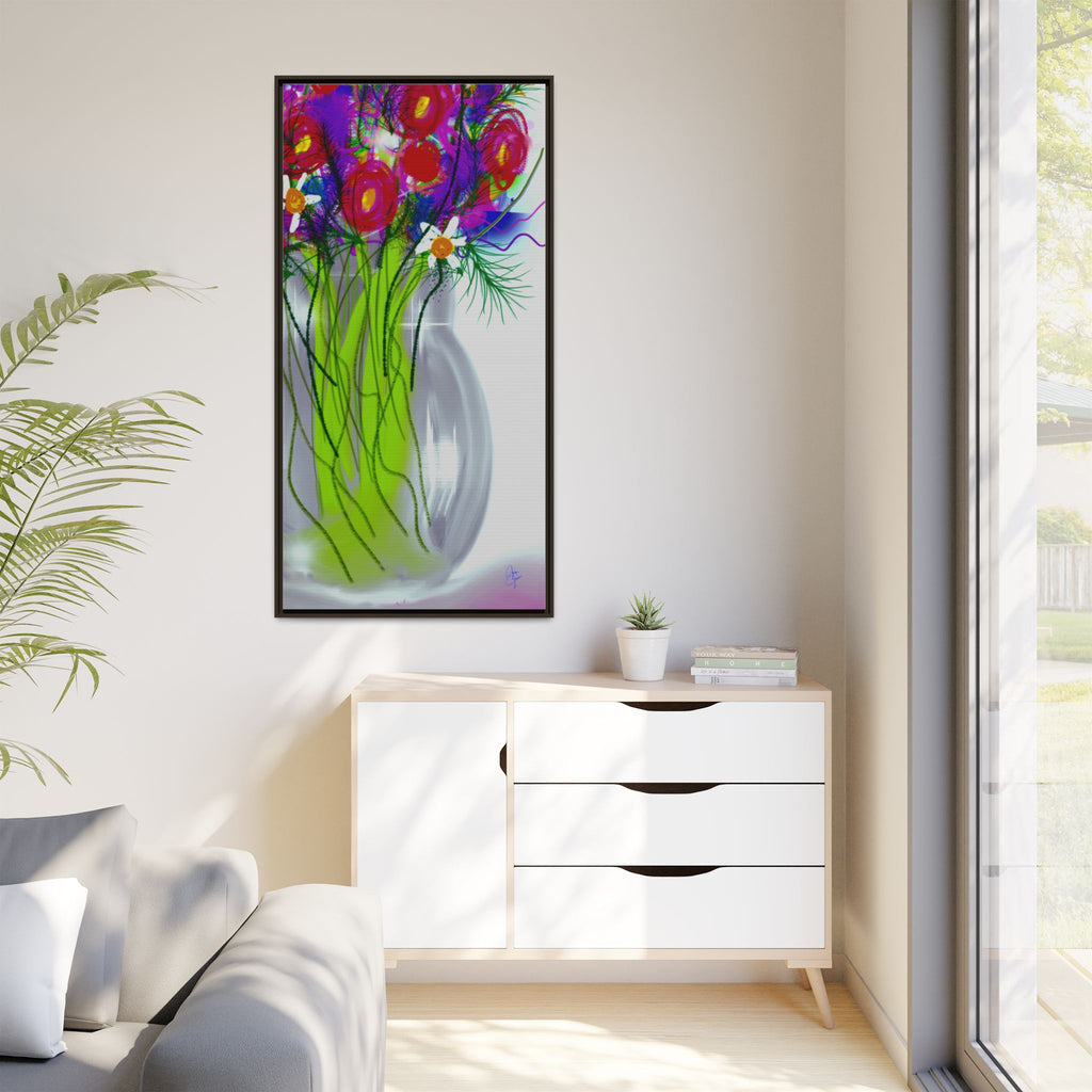 Framed Floral Bouquet Matte Canvas Wall Art — Colorful Abstract Flowers in Vase