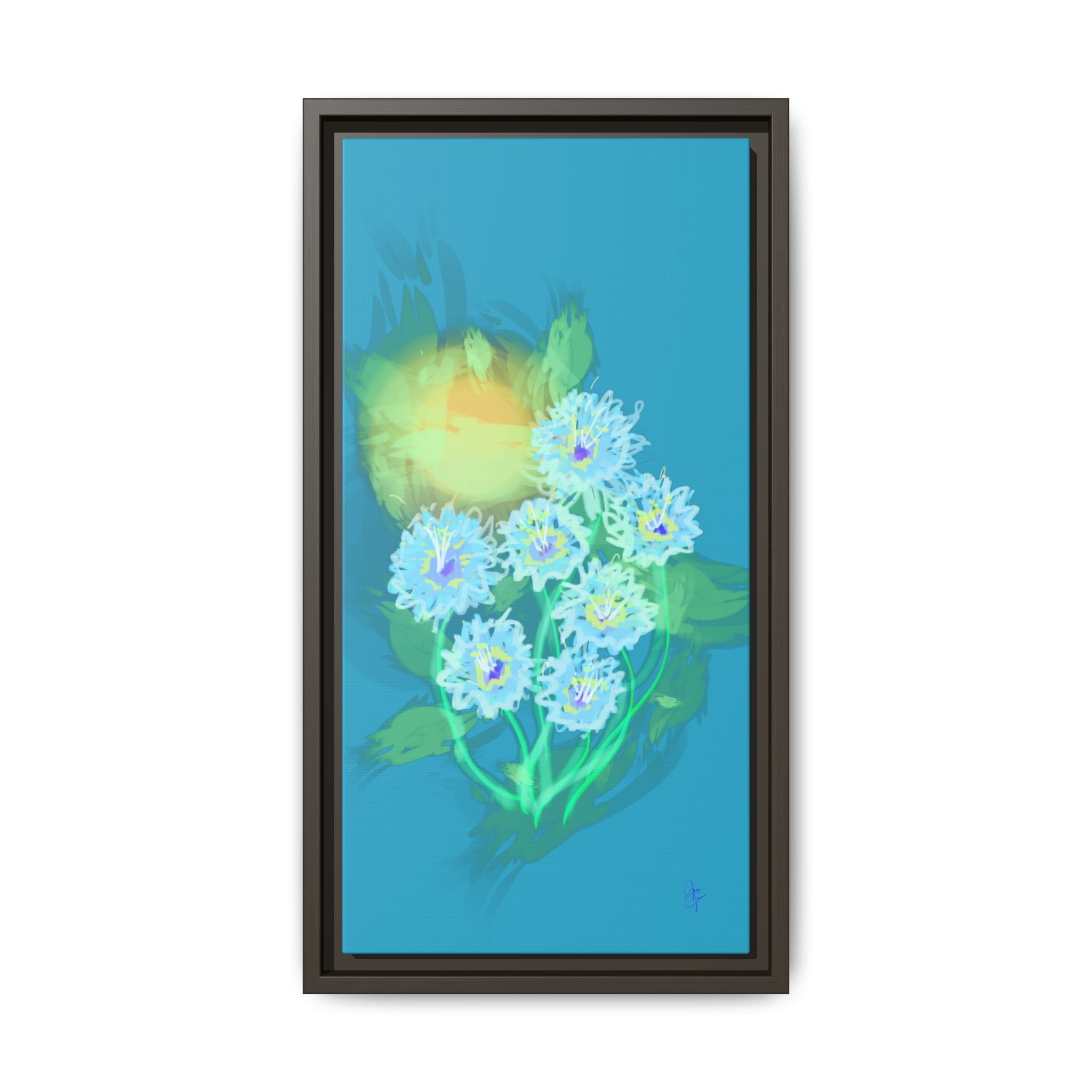 Framed Floral Canvas Art — Blue & Yellow Abstract Bouquet (Matte)