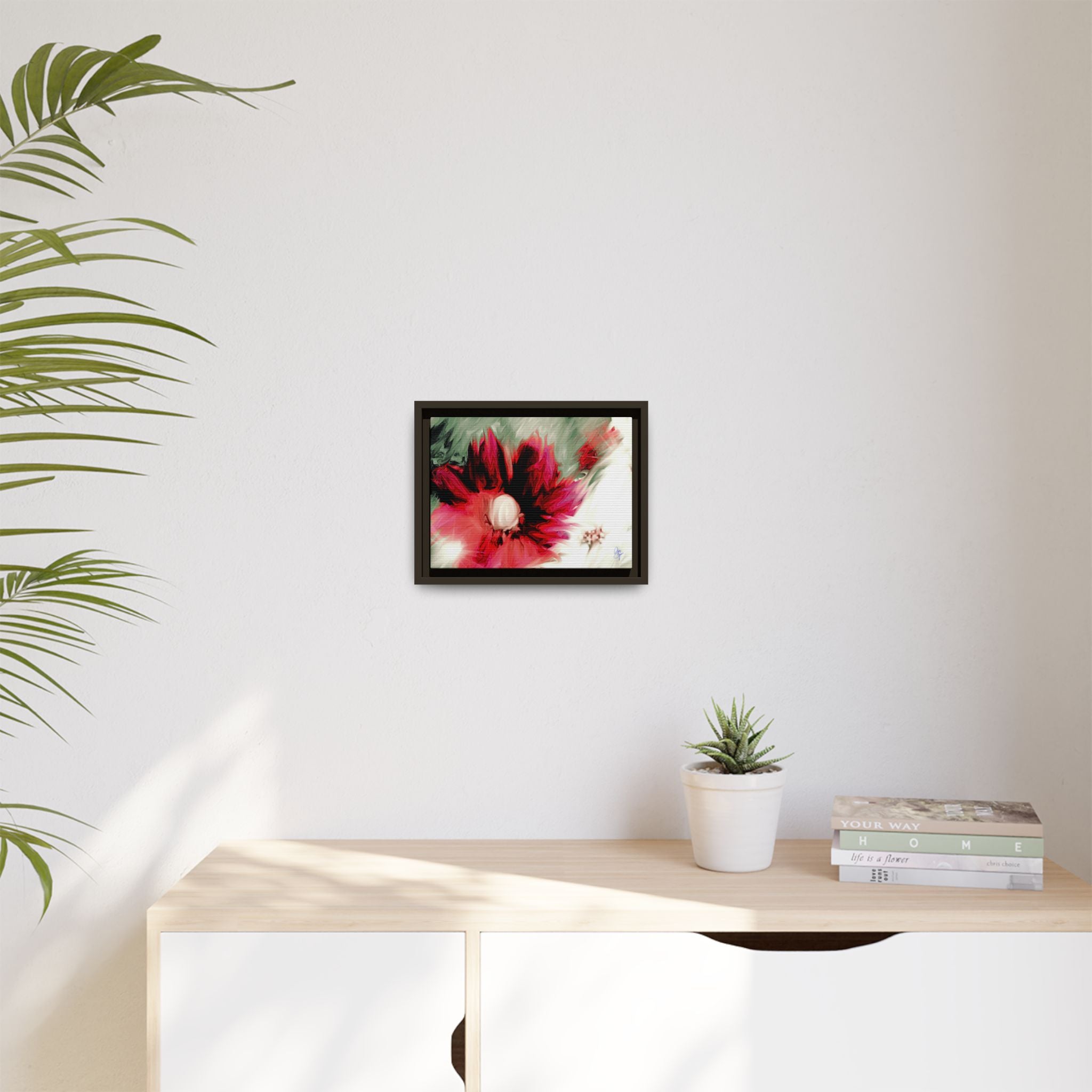 Framed Matte Canvas Print — Blurred Red & White Floral Art