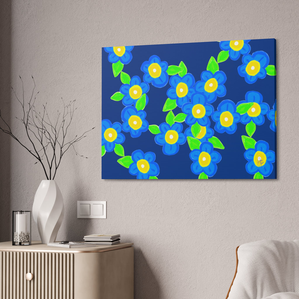 Blue Floral Canvas Wall Art — Bright Hand-Drawn Flowers on Mustard Background