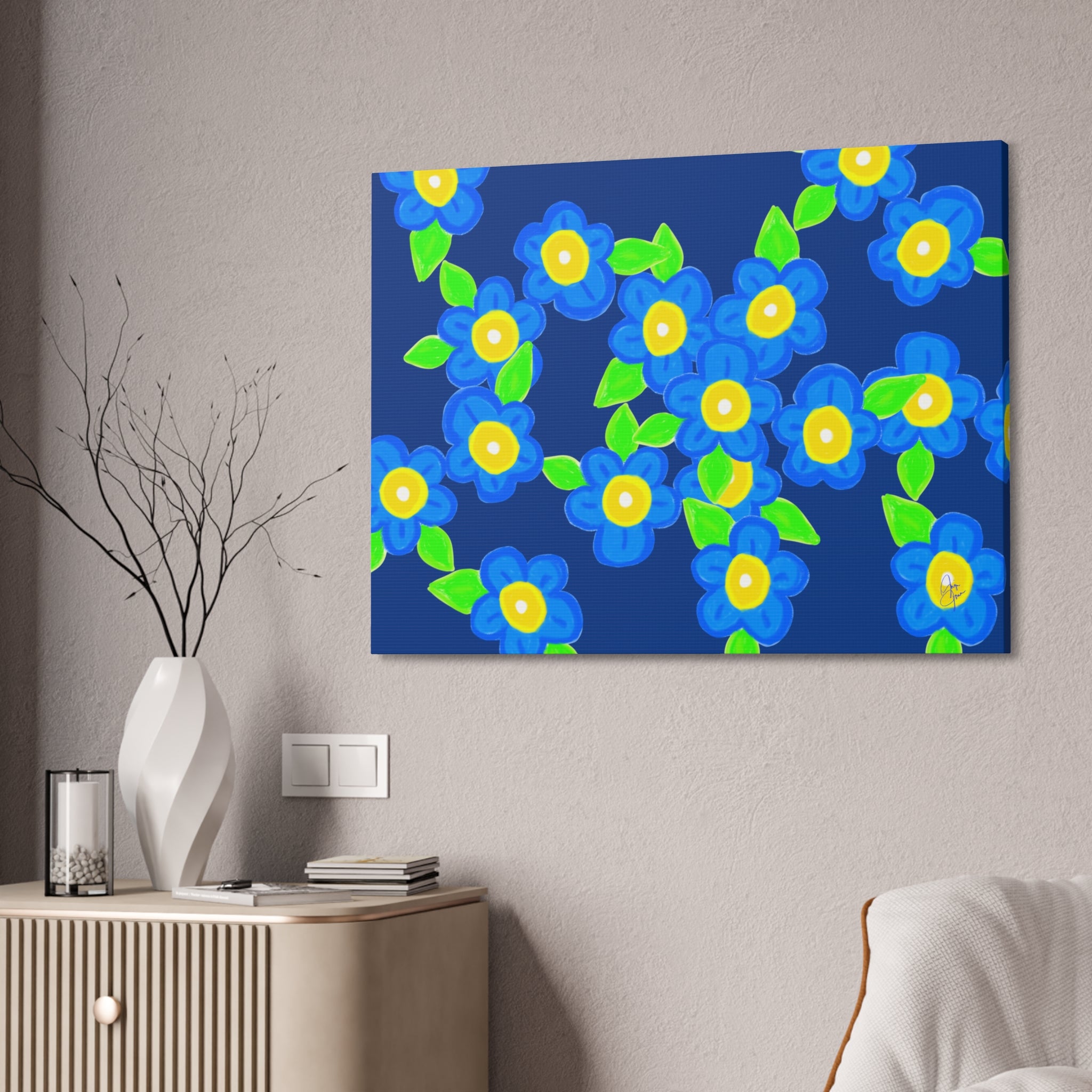 Blue Floral Canvas Wall Art — Bright Hand-Drawn Flowers on Mustard Background