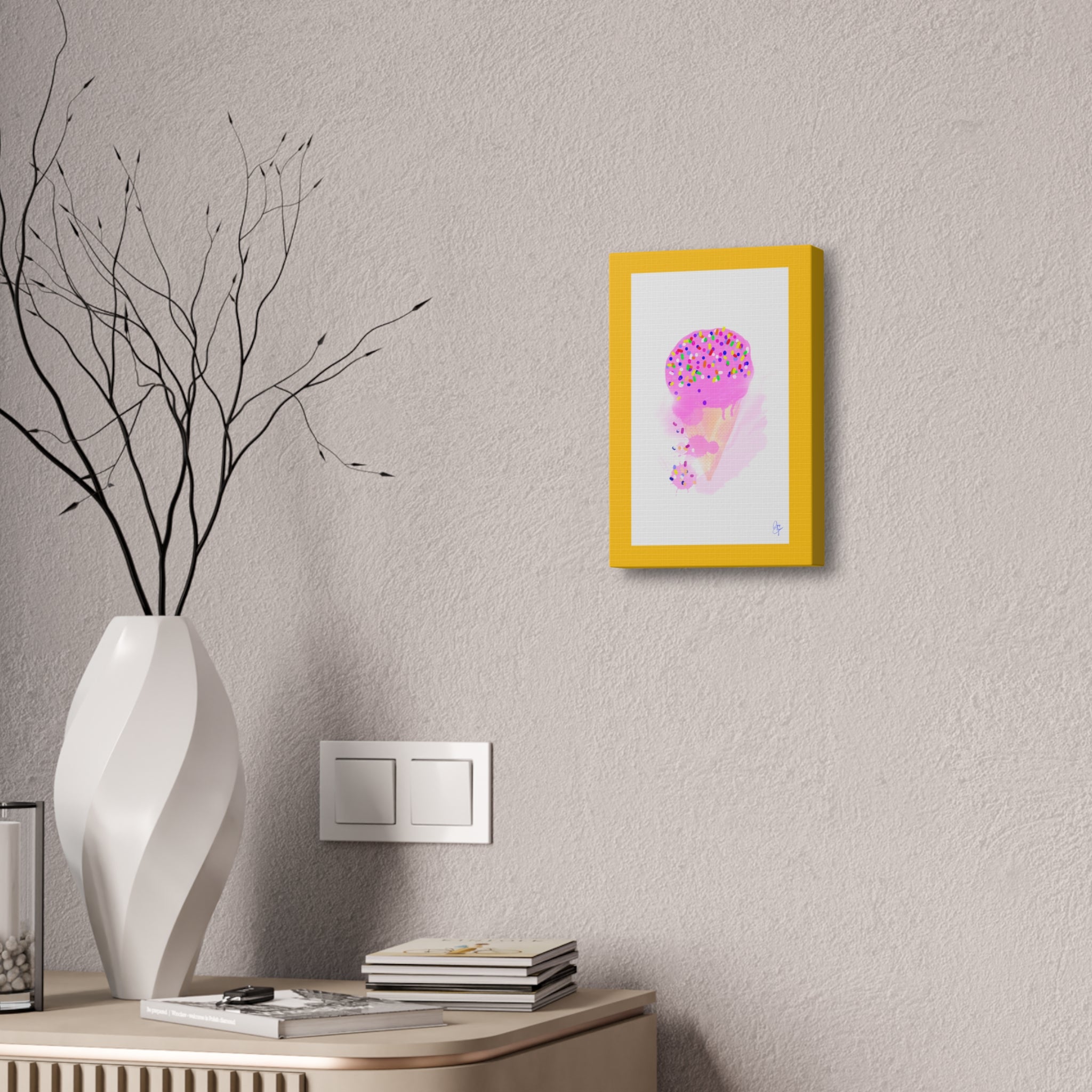 Pink Sprinkle Ice Cream Cone Canvas Print — Cute Pastel Wall Art