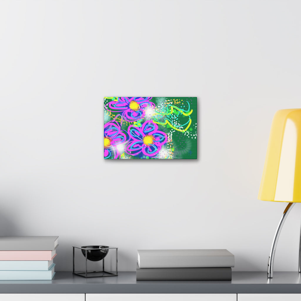 Vibrant Neon Floral Canvas Print — Pink & Green Stretched Wall Art
