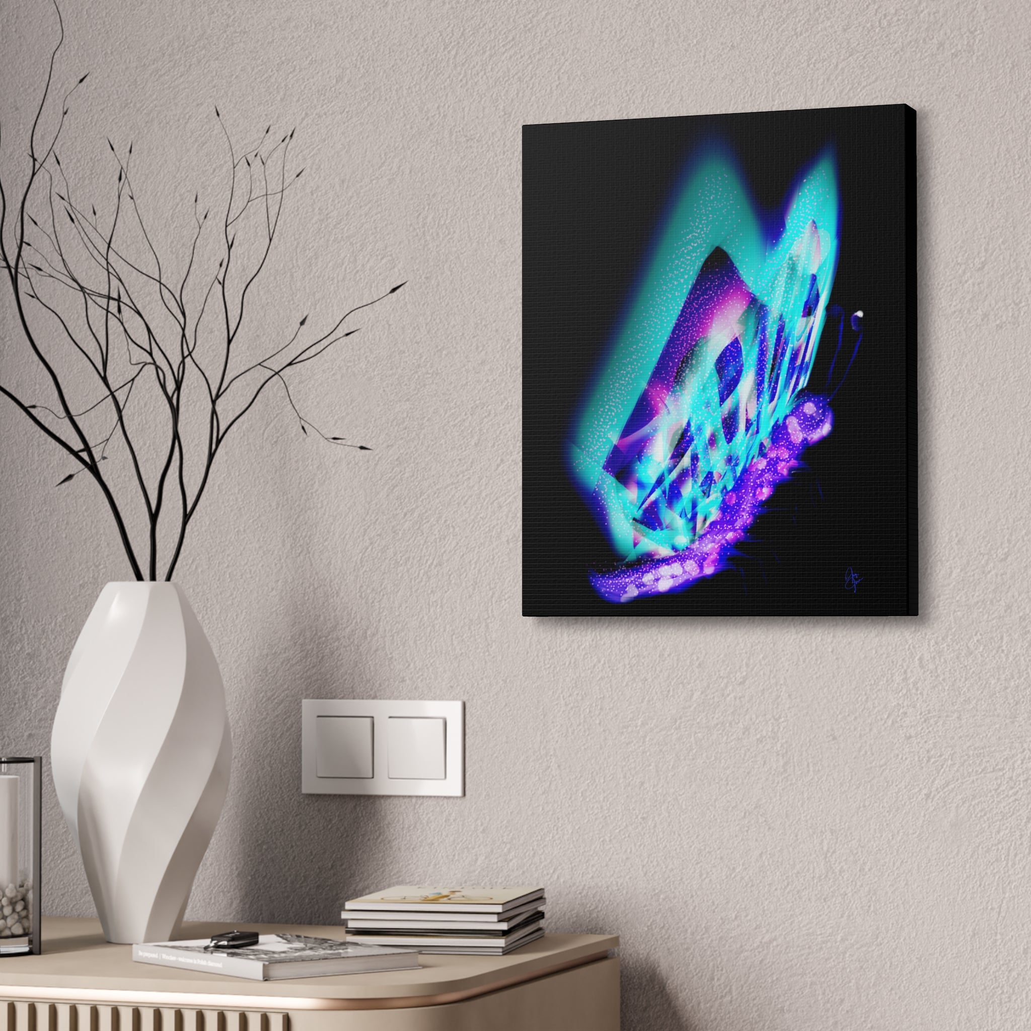 Neon Butterfly Canvas Print — Glowing Blue & Purple Wall Art (Stretched Canvas)