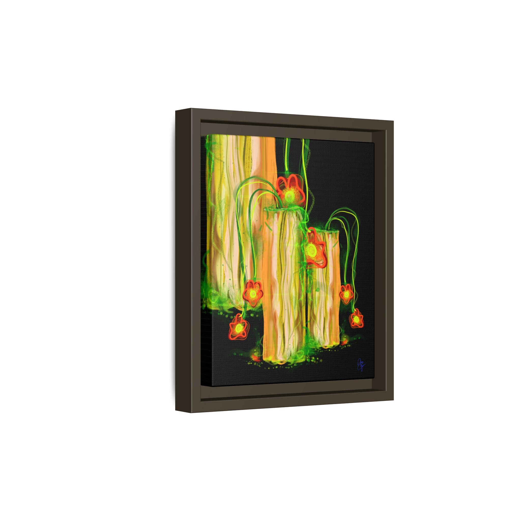 Framed Matte Canvas Print — Neon Floral Candlelight Art