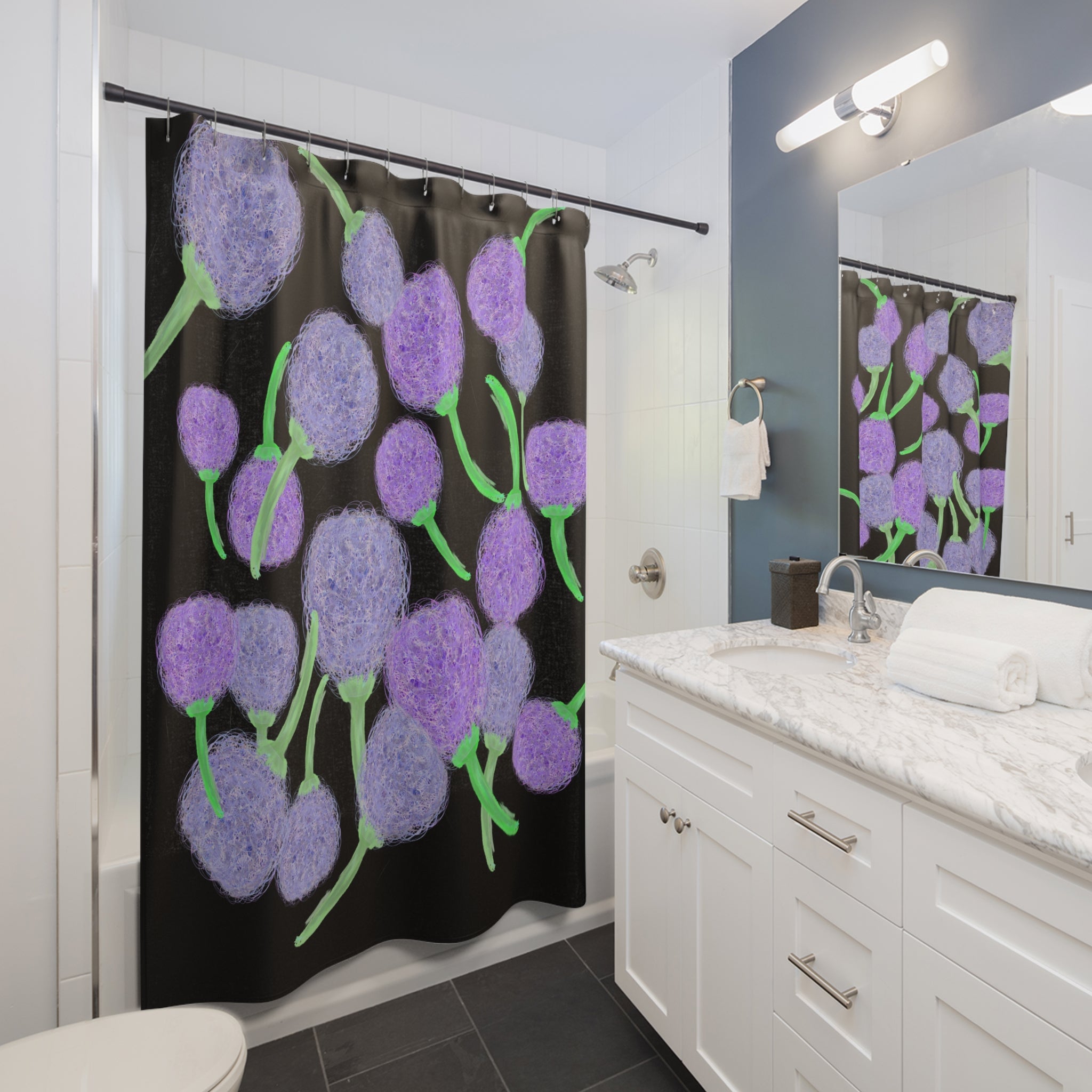 Purple Pom-Pom Floral Shower Curtain — Modern Botanical Bathroom Decor