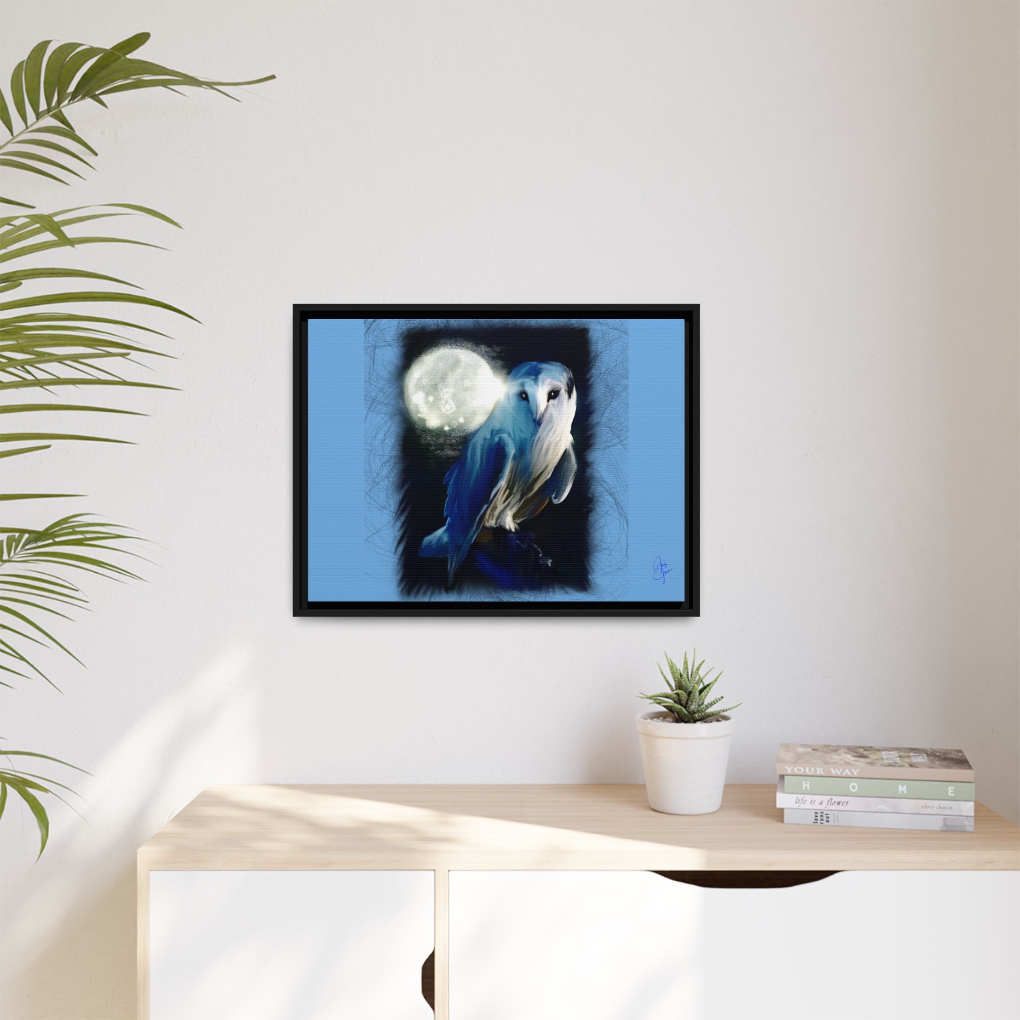 Moonlight Owl Matte Framed Canvas — Mystical Blue Owl Wall Art