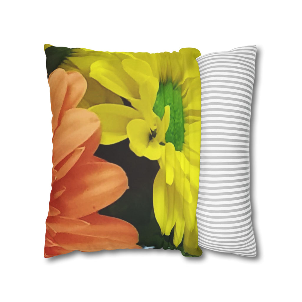 Floral Faux Suede Pillowcase — Yellow & Peach Daisy Accent Cushion Cover