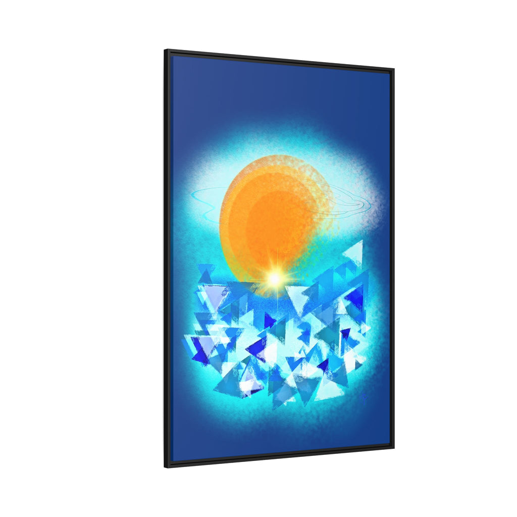 Abstract Sunrise Framed Canvas Art – Orange Sun Over Blue Geometric Waves