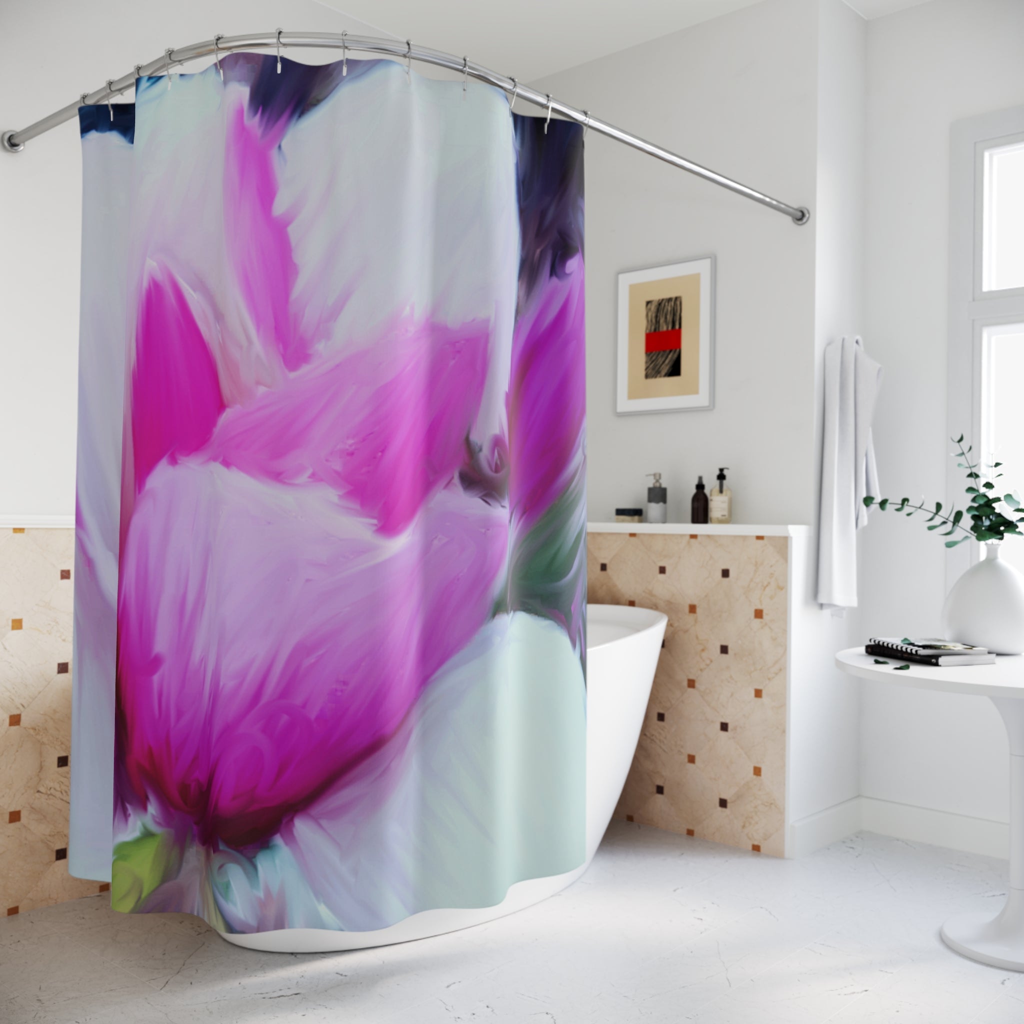 Floral Pink Tulip Tree Shower Curtain — Soft Painterly Blossom Bathroom Decor