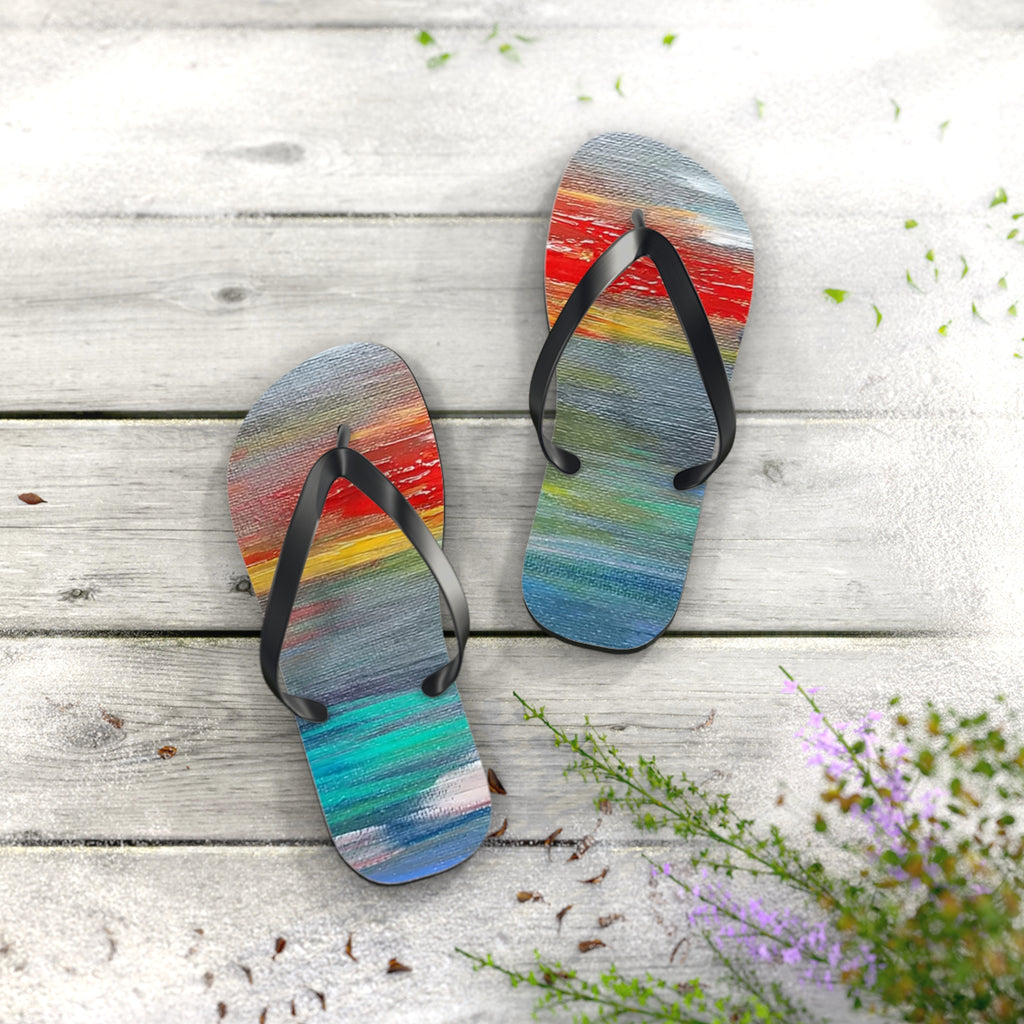 Watercolor Sunset Flip Flops — Colorful Beach Sandal for Summer & Vacation
