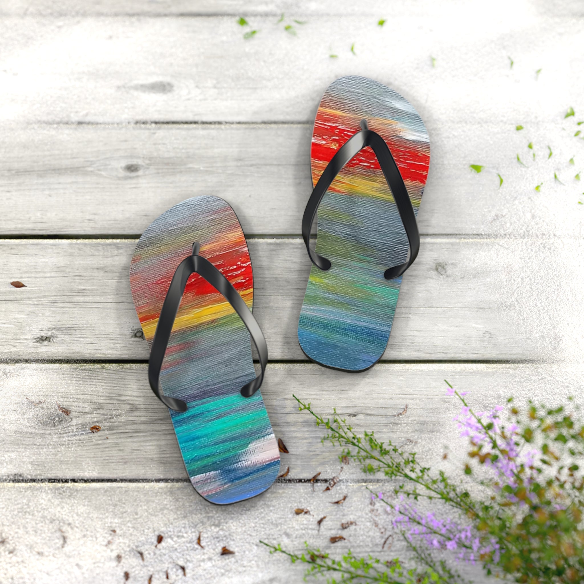 Watercolor Sunset Flip Flops — Colorful Beach Sandal for Summer & Vacation