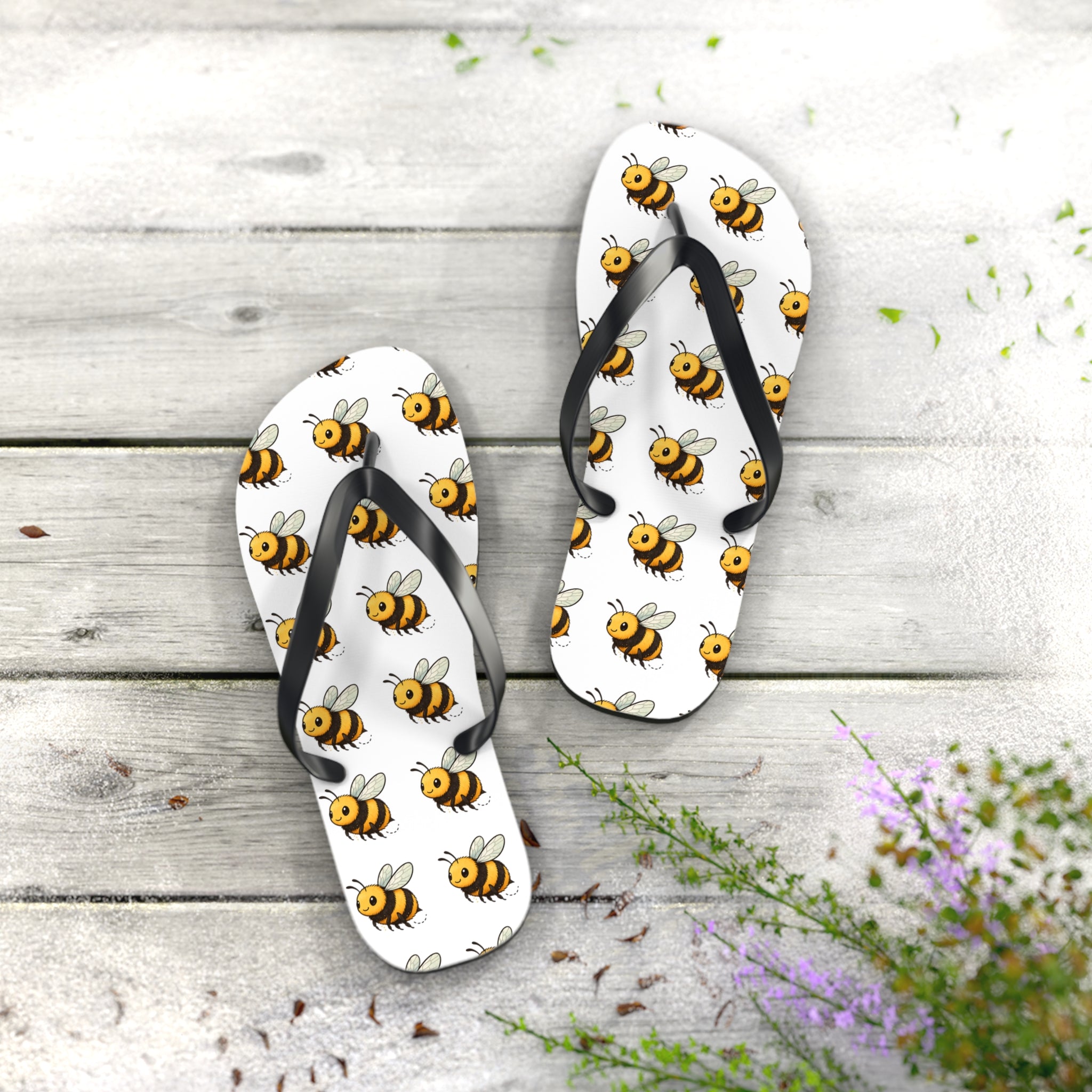 Bee Pattern Flip Flops — Cute Yellow Bee Summer Sandals