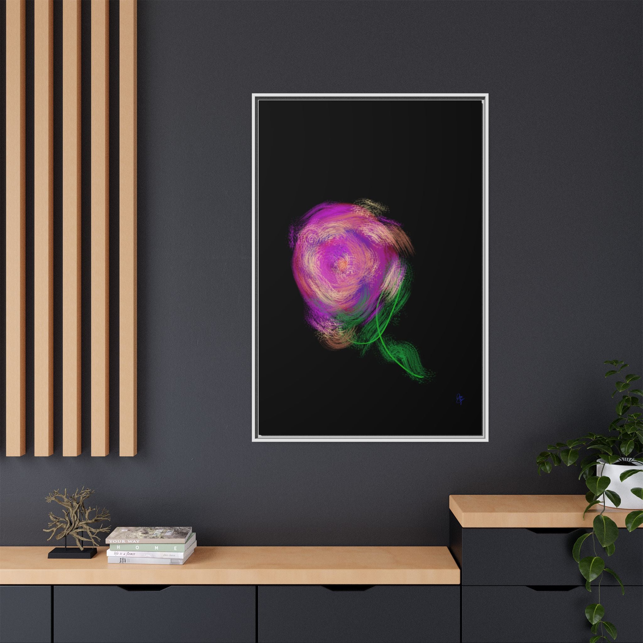 Abstract Rose Swirl Matte Framed Canvas — Multicolor Floral Wall Art