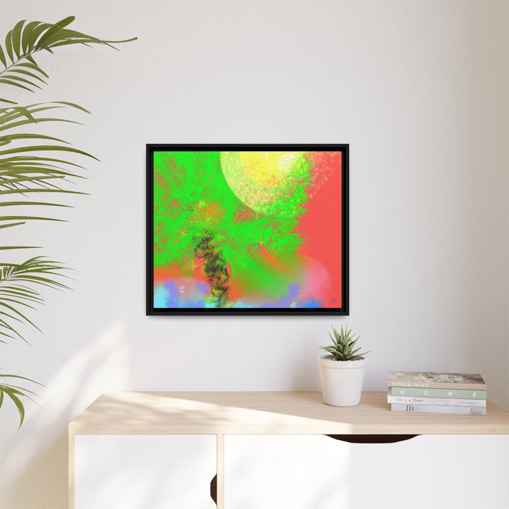 Abstract Neon Tree Matte Canvas Framed Art — Vibrant Green Moon Landscape