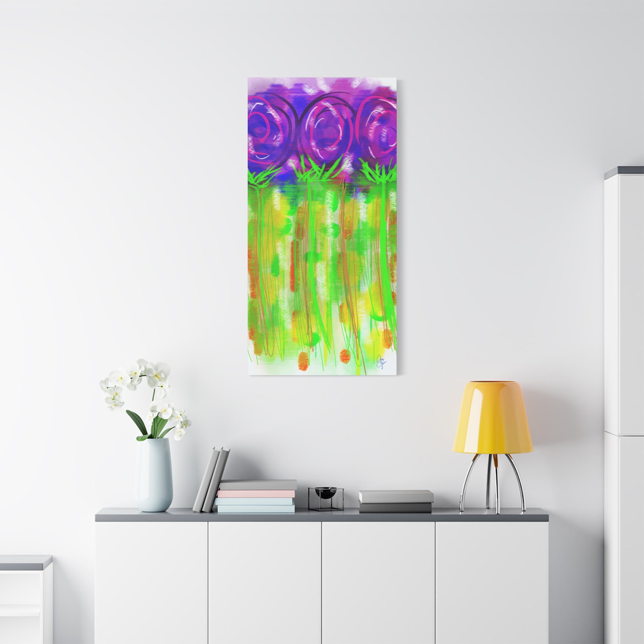 Abstract Purple Flowers Matte Canvas Wall Art — Vibrant Floral Painting on Stretched Canvas