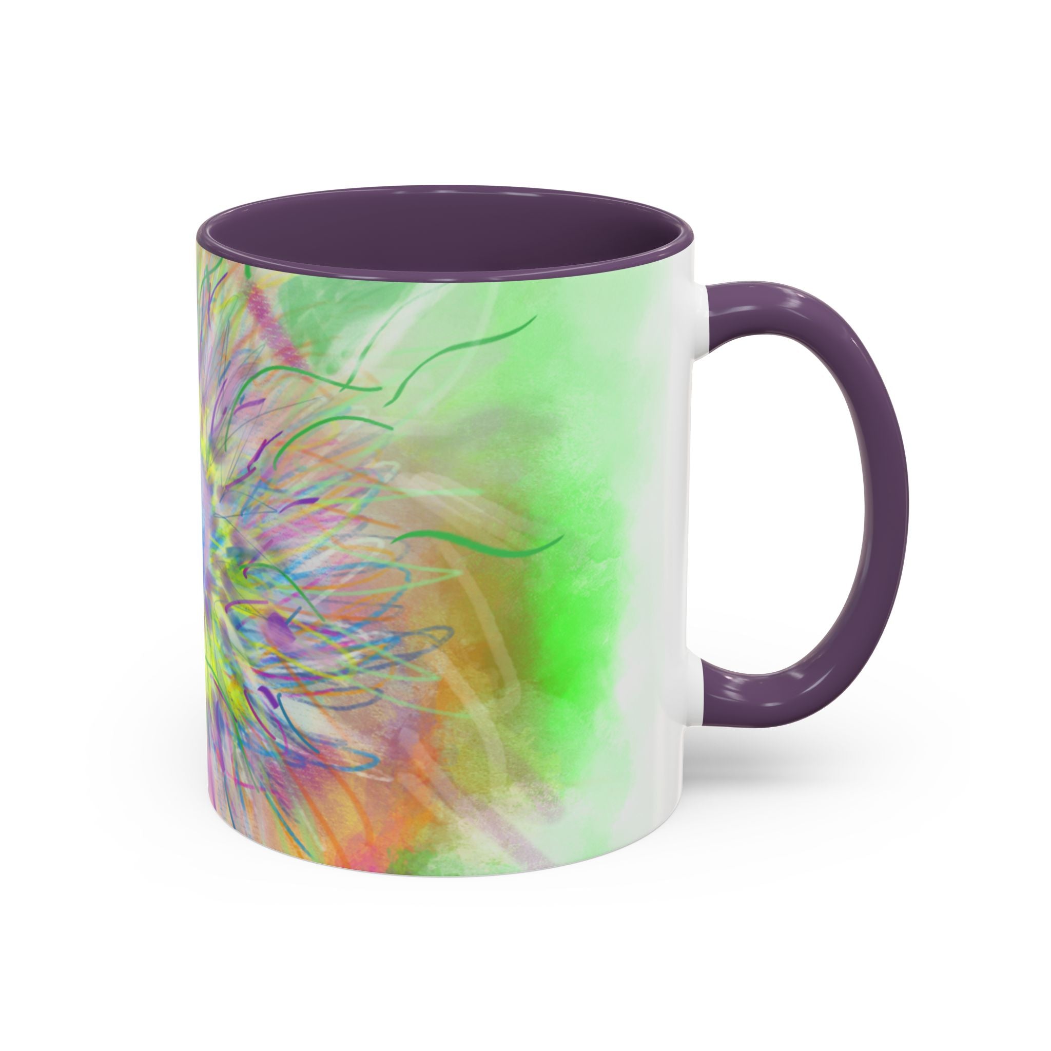 Colorful Sunflower Accent Coffee Mug — Pink Inner Artistic Floral Design (11/15 oz)