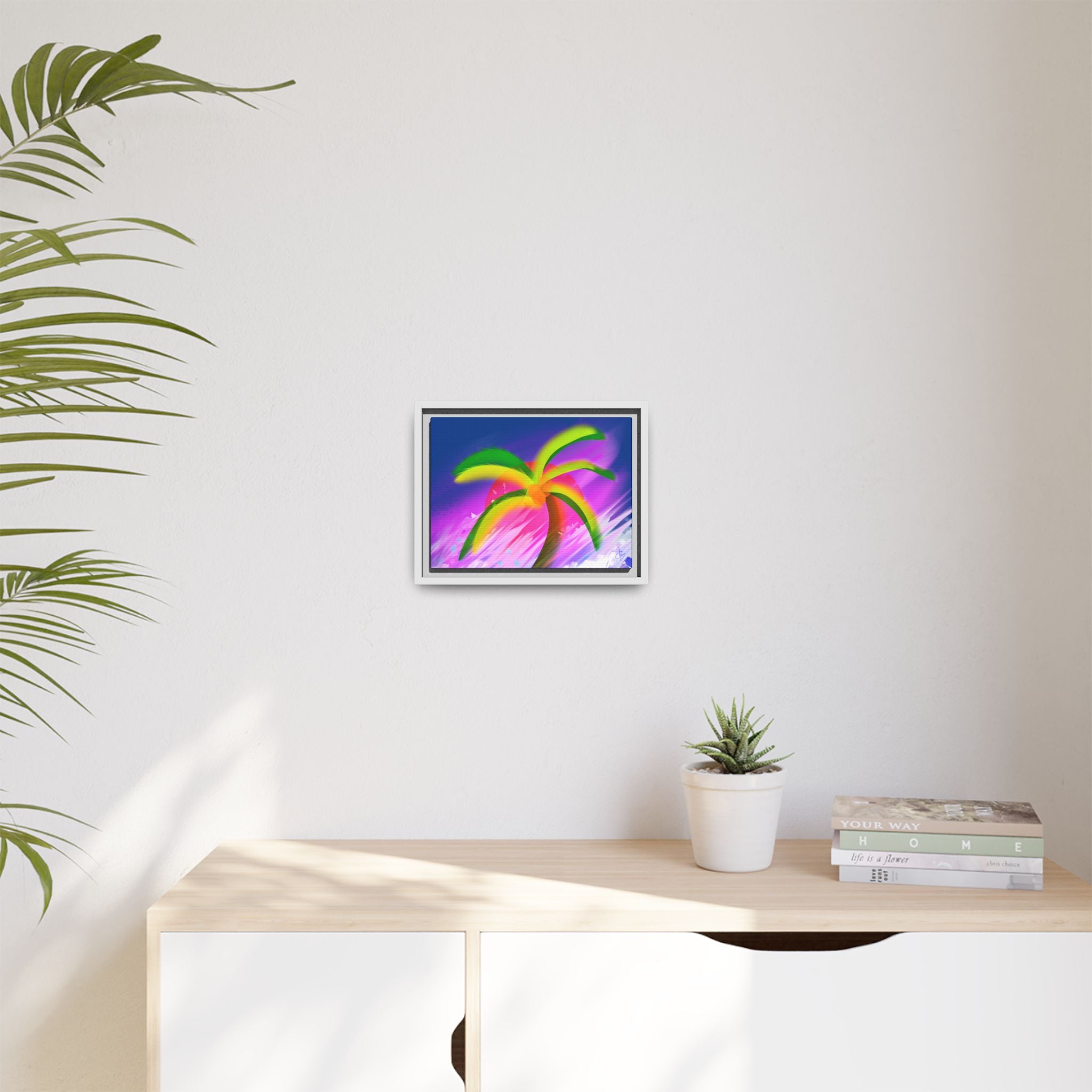 Framed Matte Canvas Print — Neon Palm Beach Art