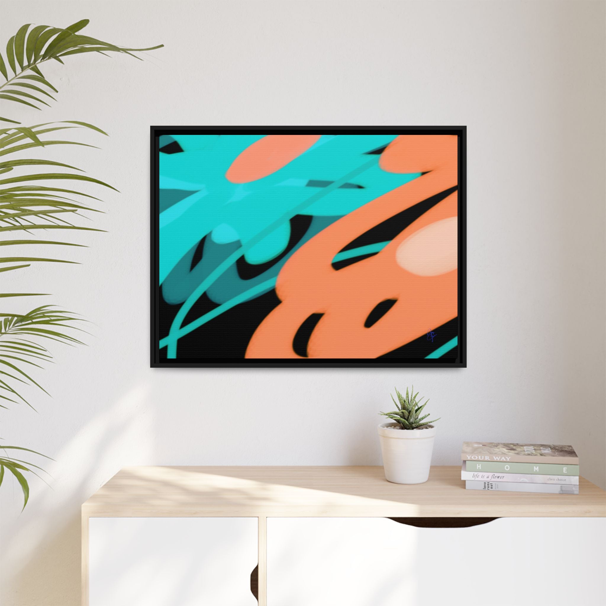Abstract Teal & Coral Splash Framed Canvas