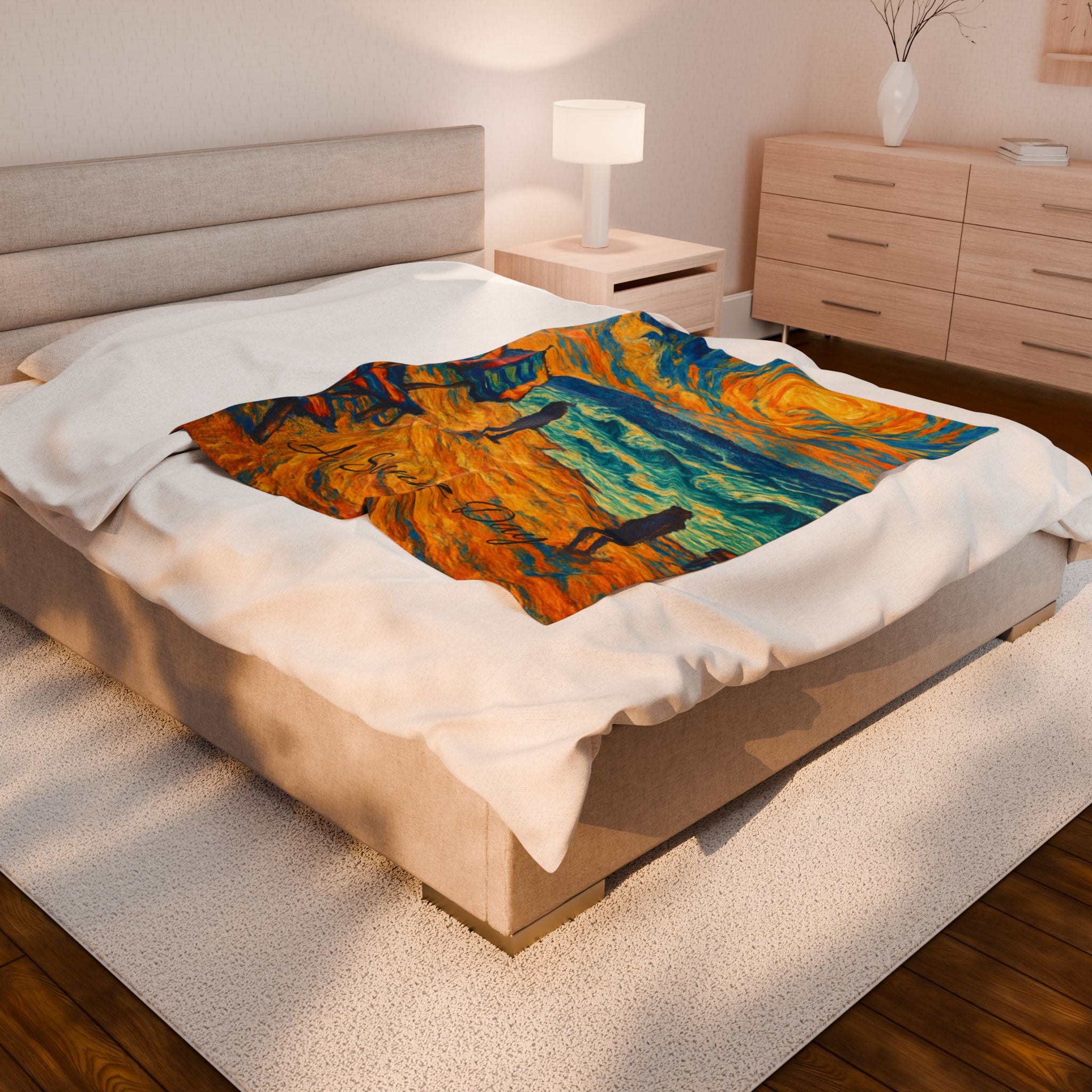 Velveteen Plush Blanket — 'A Sunny Day' Impressionist Beach Throw