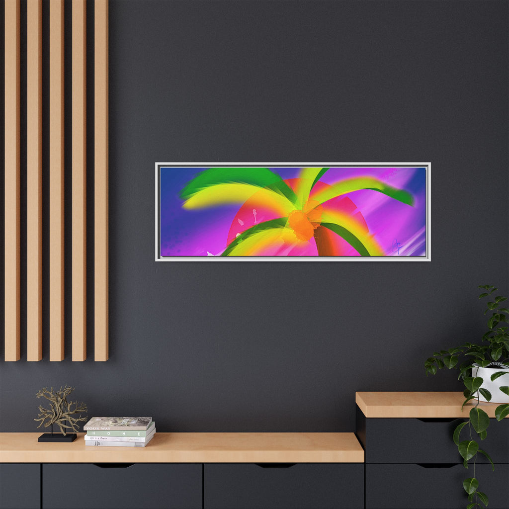 Framed Matte Canvas Print — Neon Palm Beach Art