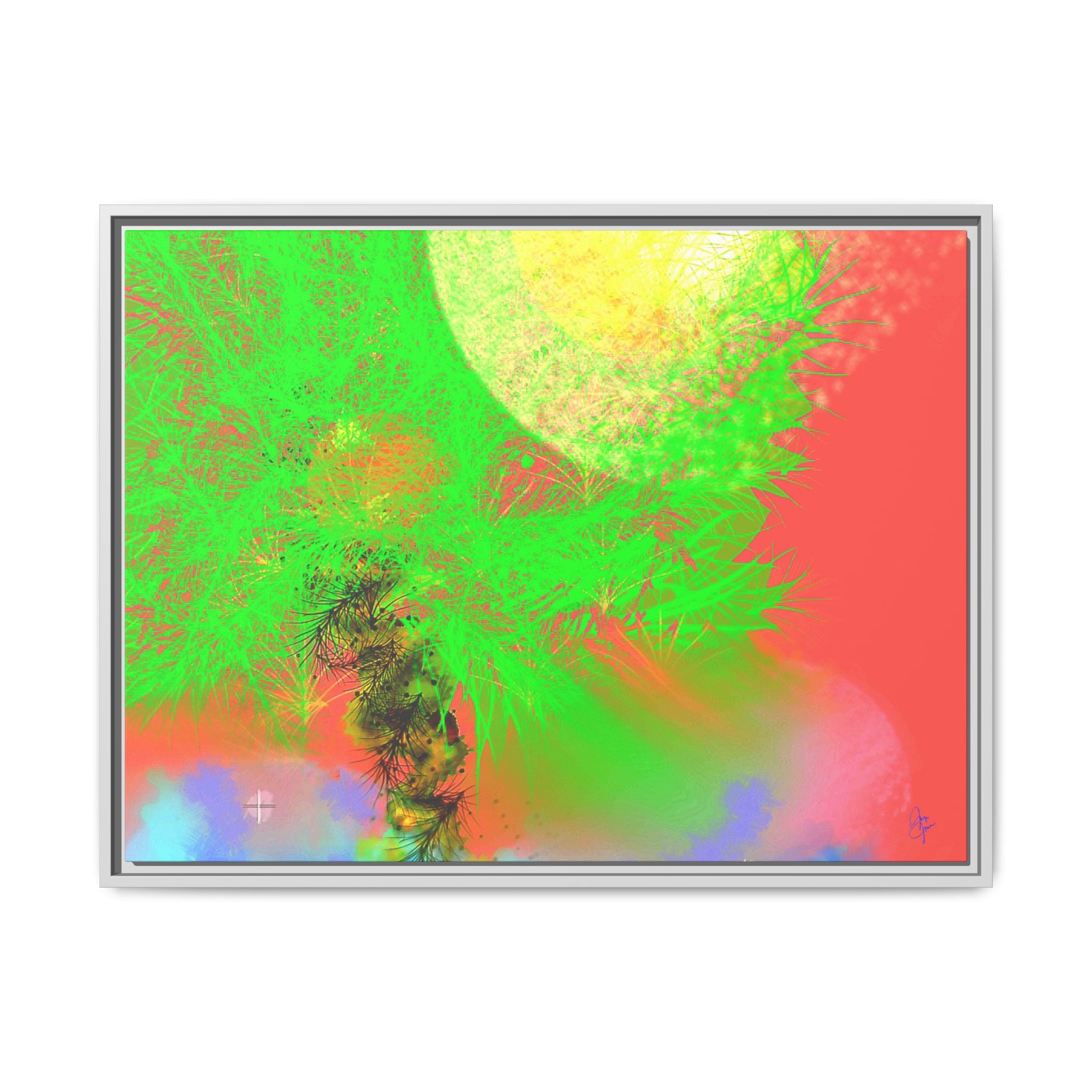 Abstract Neon Tree Matte Canvas Framed Art — Vibrant Green Moon Landscape