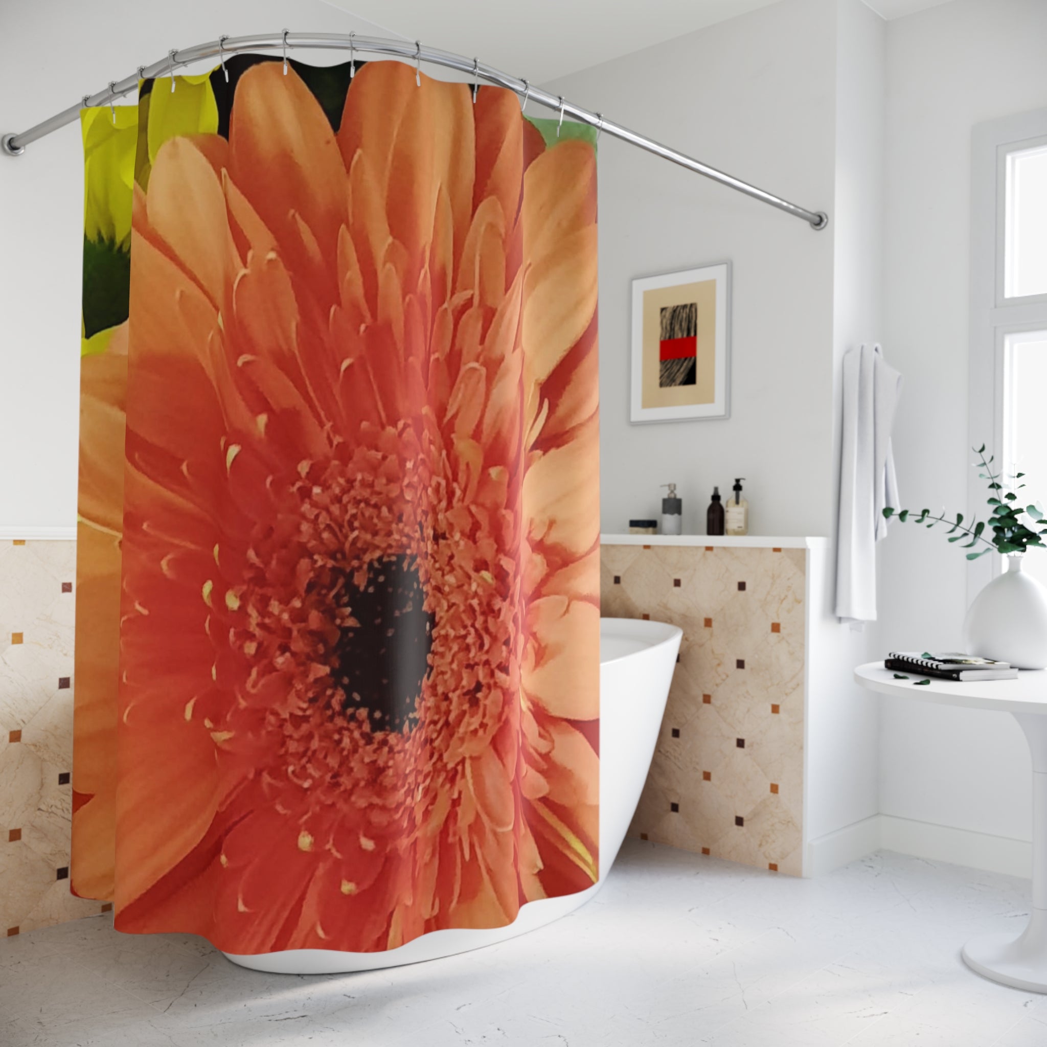 Orange Gerbera Shower Curtain — Vibrant Floral Bathroom Decor
