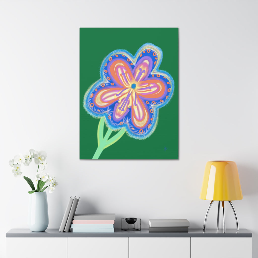 Floral Pop Canvas — Bright Blue Hand-Drawn Flowers Stretched Canvas