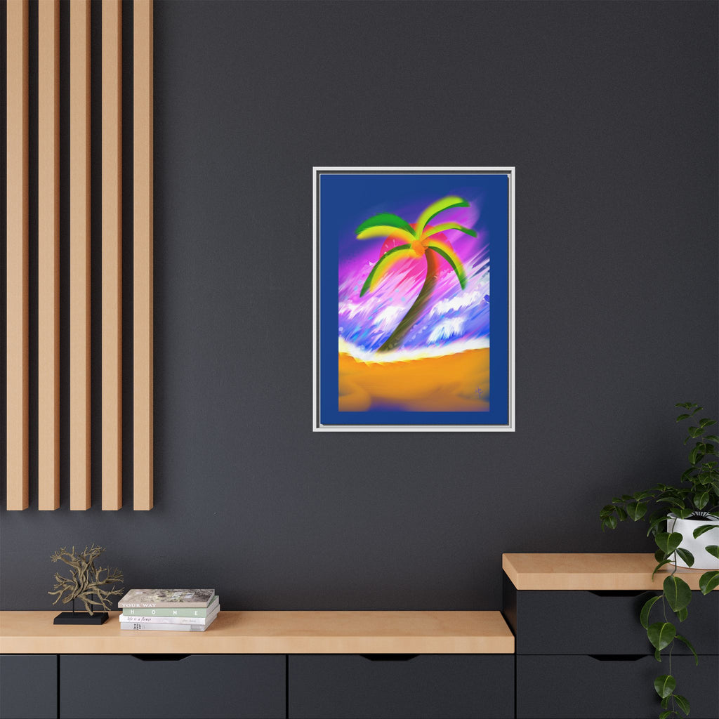 Framed Matte Canvas Print — Neon Palm Beach Art